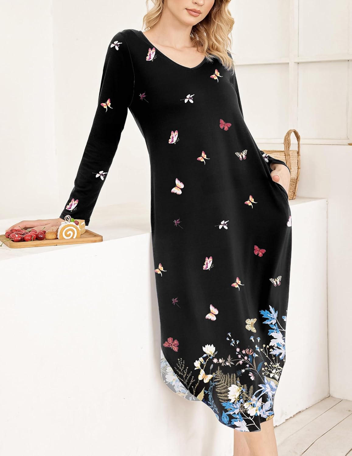 Ekouaer Womens Nightgown V Neck Nightshirts Long Sleeve Sleepwear with Pockets S-4XL - Image 4