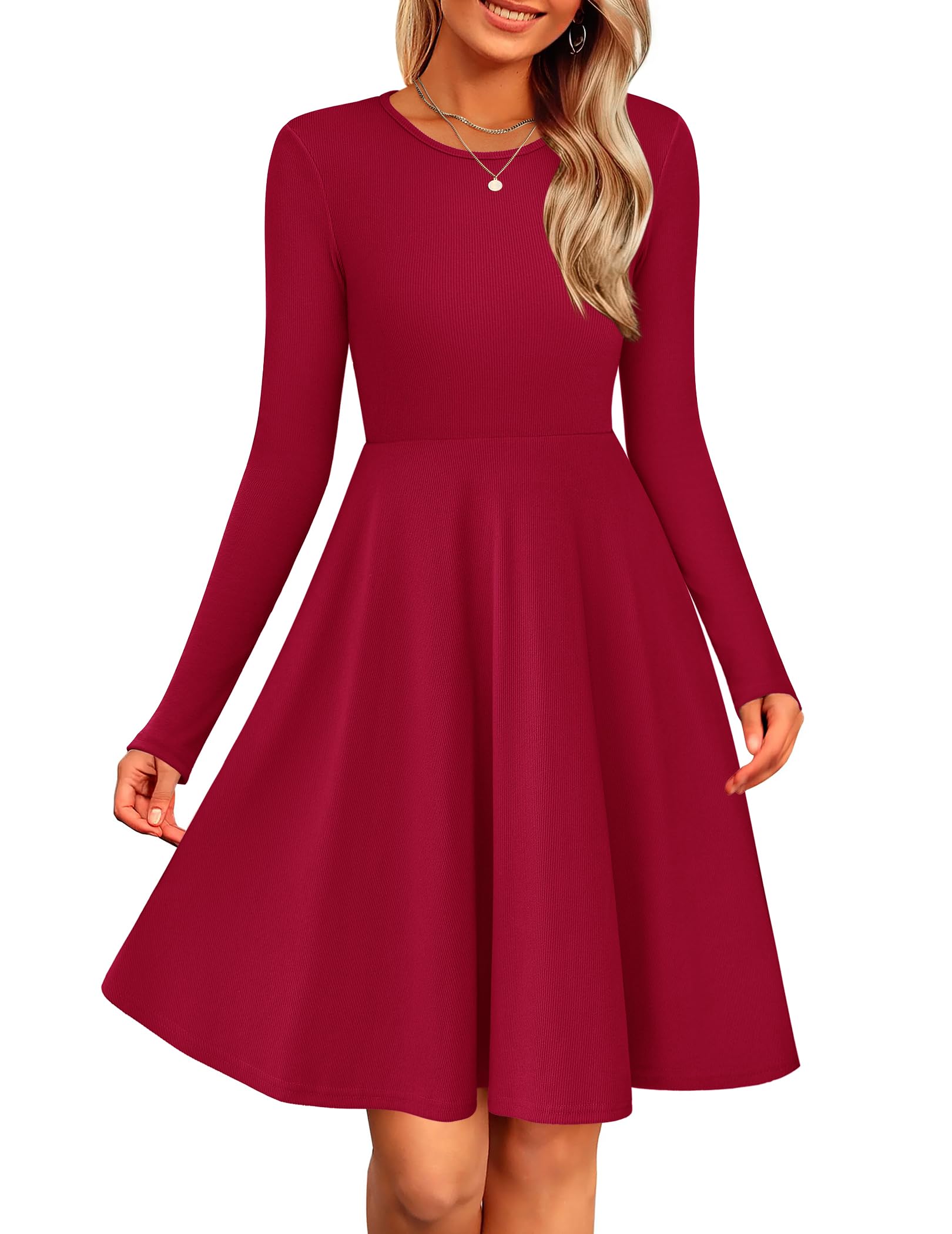 ZEAGOO Strickkleid Damen Herbst Langarm Rundhals Kleid Elegant A-Linie Winterkleid Einfarbig Tunika Kleid Leichte Pulloverkleid S-XXL