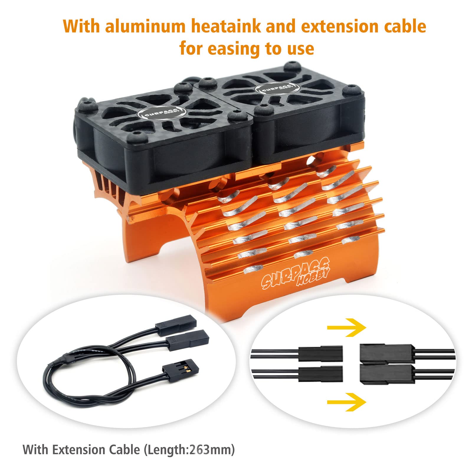 Surpass Hobby Dual 30mm Cooling Fan 27000RPM RC Car Motor Heatsink with Metal Cover for 1/8 1/7 RC Car Diameter 40/ 42mm Brushless Motor (Orange)