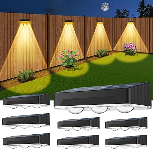 Luces solares para valla al aire libre, paquete de 8 unidades, impermeables, de alto brillo, mejoradas, 3 lentes, luces LED para terraza, luz blanca