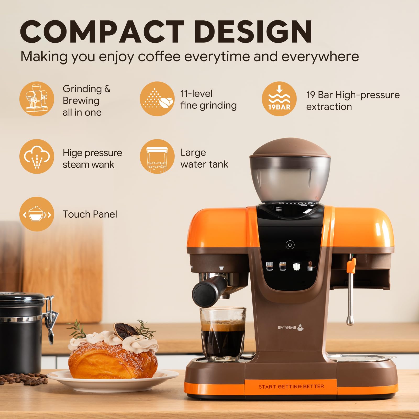 RECAFIMIL19 Bar Espressomaschine mit Bohnenmühle, 2-in-1-Kaffeemaschine, Cappuccino- und Latte-Zubereiter mit Milchaufschäumer, Touchpanel, abnehmbarer Wassertank (Orange)