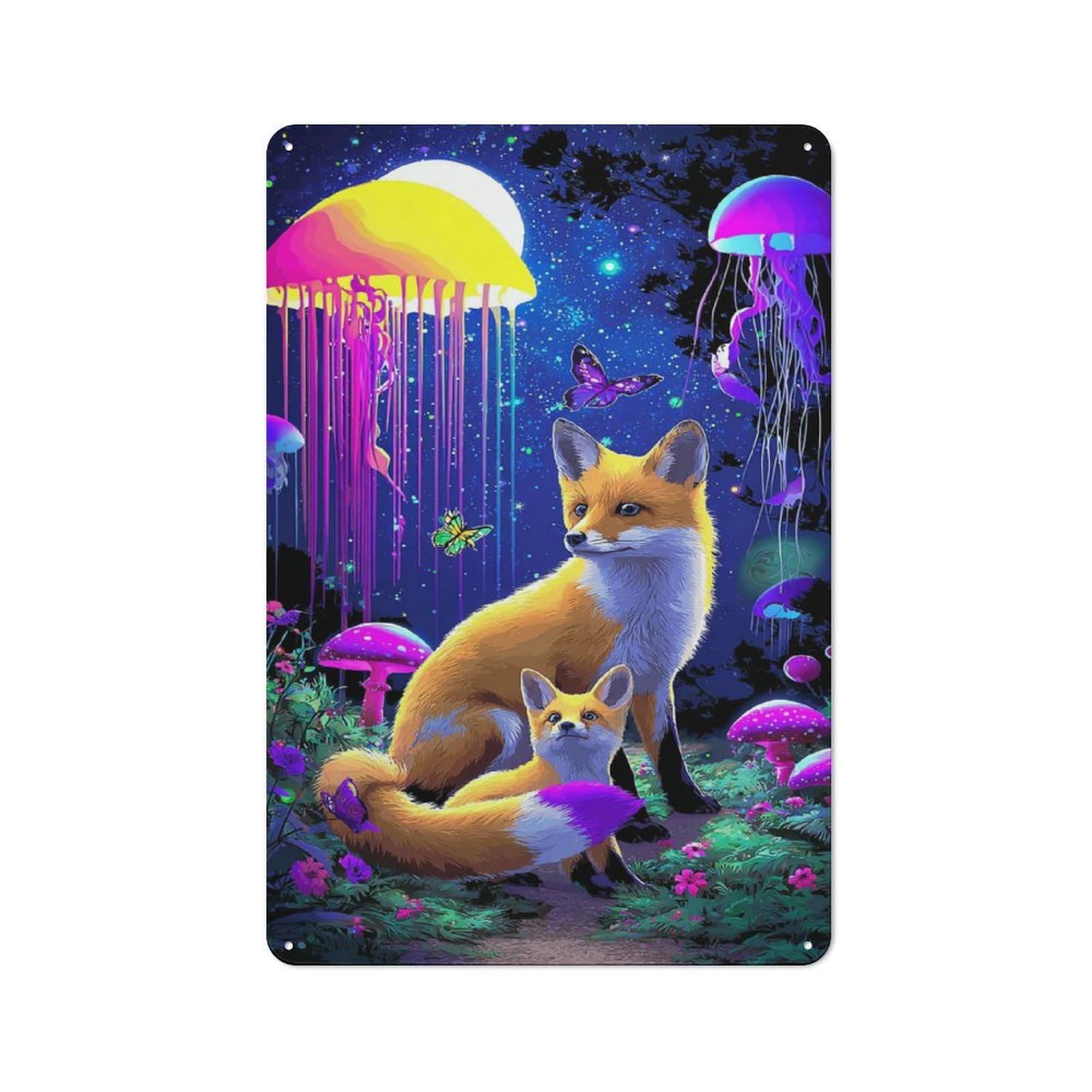 Retro Metal Sign with Fantasy Forest with Foxes And Jellyfish Mushrooms Design 30x20cm, Distressed Look Retro Room Decor for Living Room, Hallway, Kitchen Or Cafe