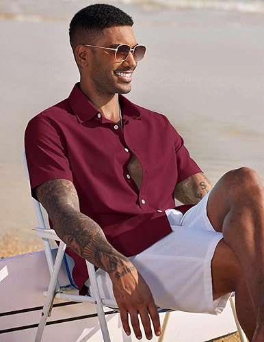 Miniatura 4 de COOFANDY Camisa casual de manga corta con botones para hombre, de verano, algodón, lino, para playa