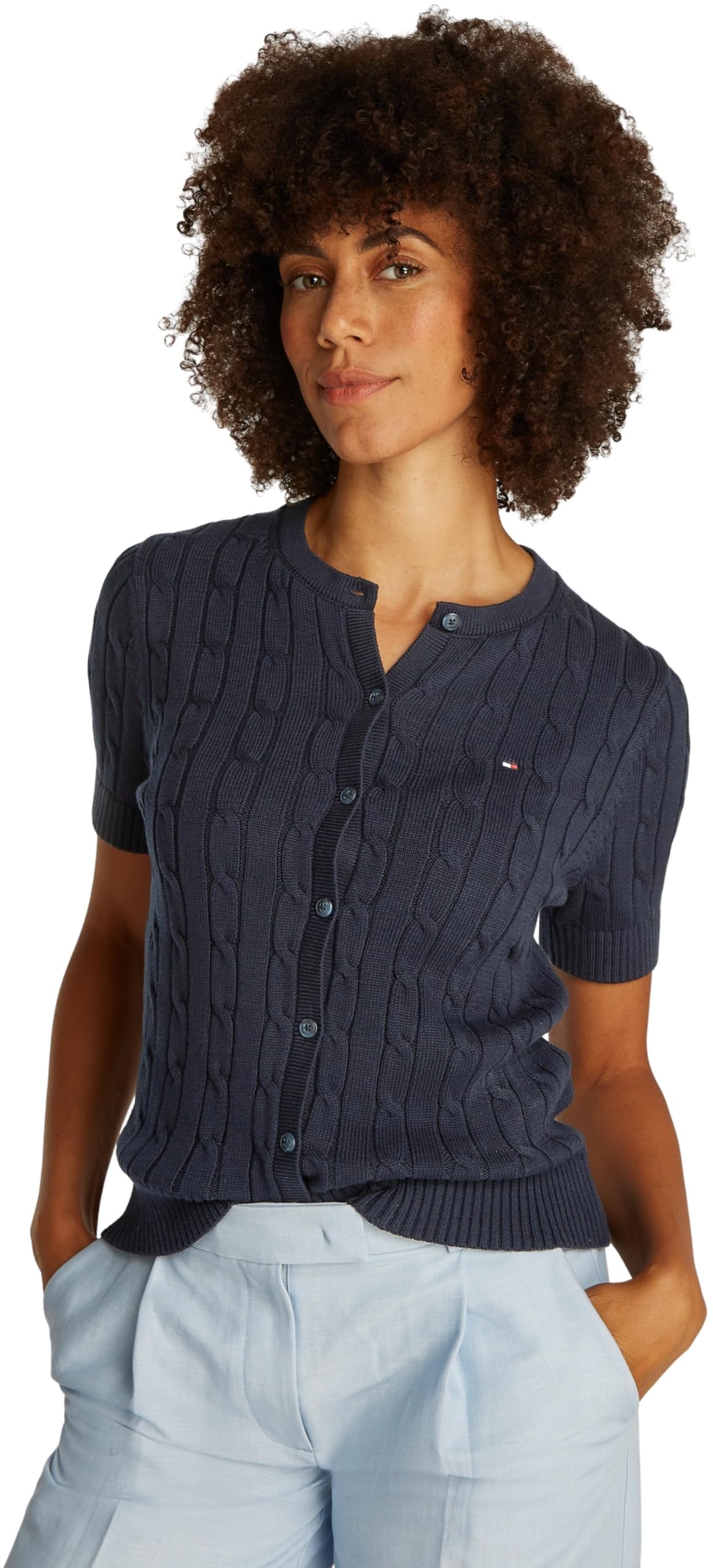 Tommy Hilfiger Chaqueta de Punto Mujer Cardigan Cable Mid Manga Corta