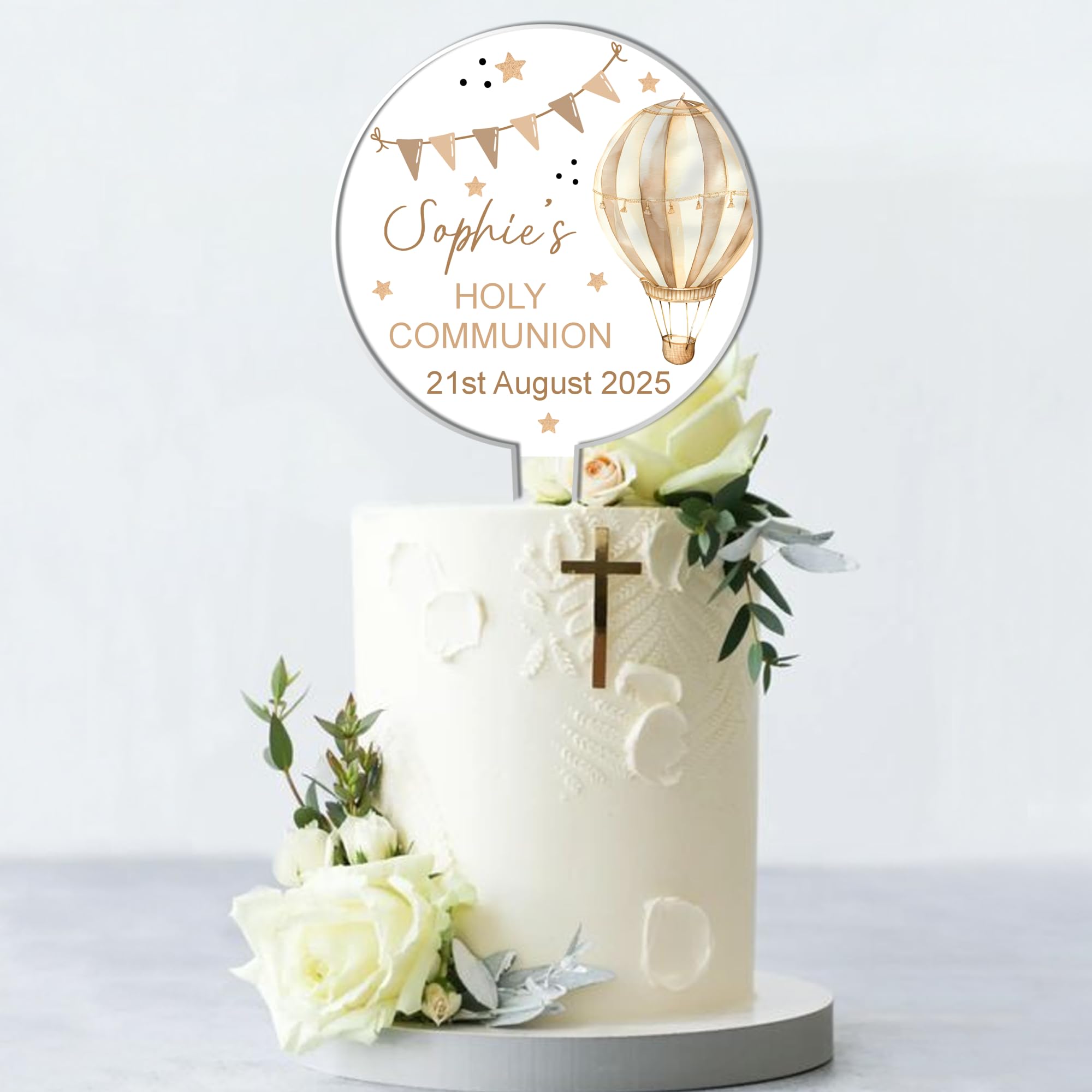 Personalised Acrylic Cake Topper for Religious Celebrations β Communion, Confirmation, Christening - Custom Childβs Name & Date with Hot Air Balloon Design (Holy Communion, Brown)