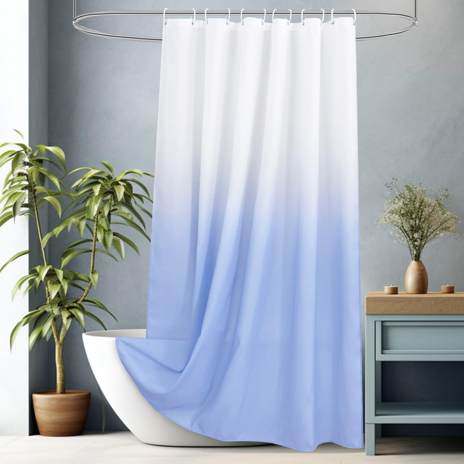 AooHome Fabric Shower Curtains, Cloth Ombre Blue Shower Curtain Sets, Washable Fabric Blue and White Shower Curtain, Rustic Farmhouse Bathroom Shower Curtains, 72x72 Inches
