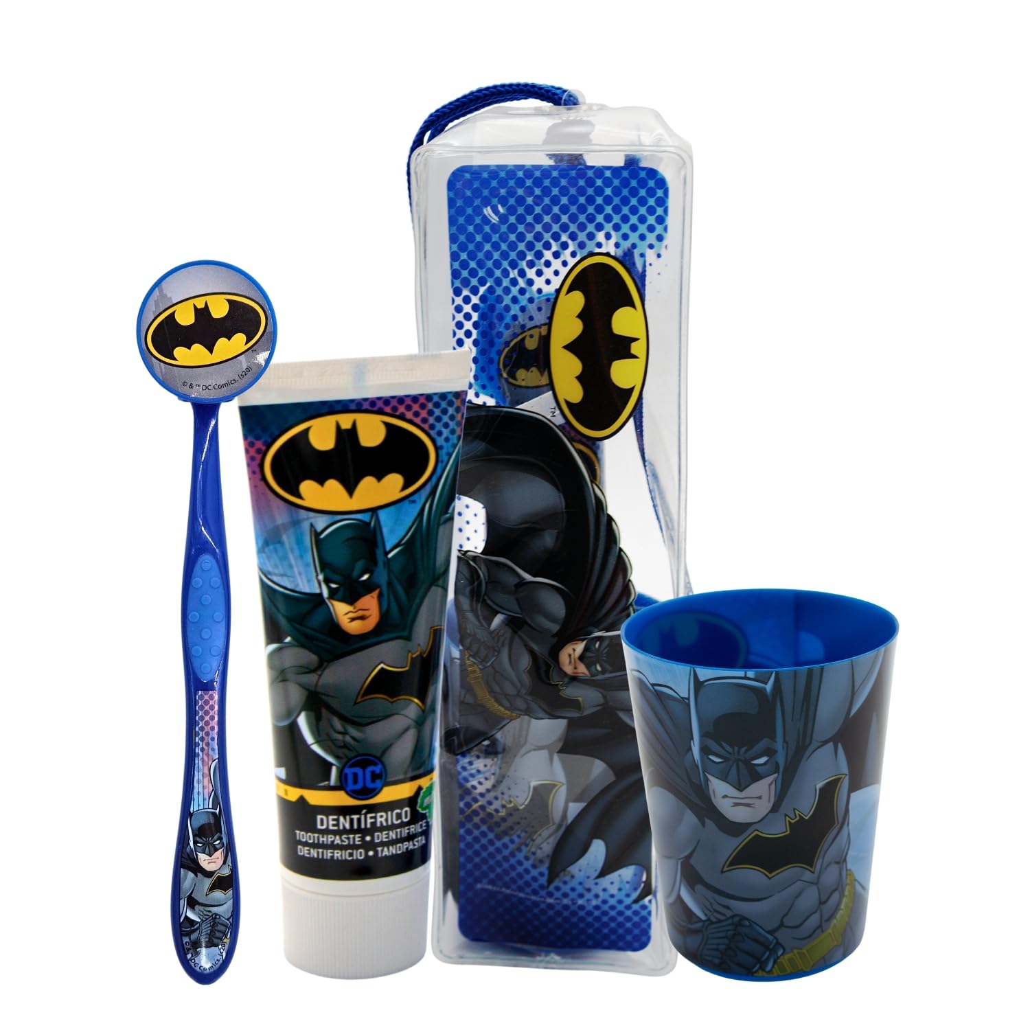 Batman Superhero Kids Toothbrush Set - Soft-Bristle Toothbrush with Protective Cap, Mint-Flavoured Toothpaste, and Multi-Purpose Beaker | Travel-Friendly Oral Care Kit for Children Ages 3+