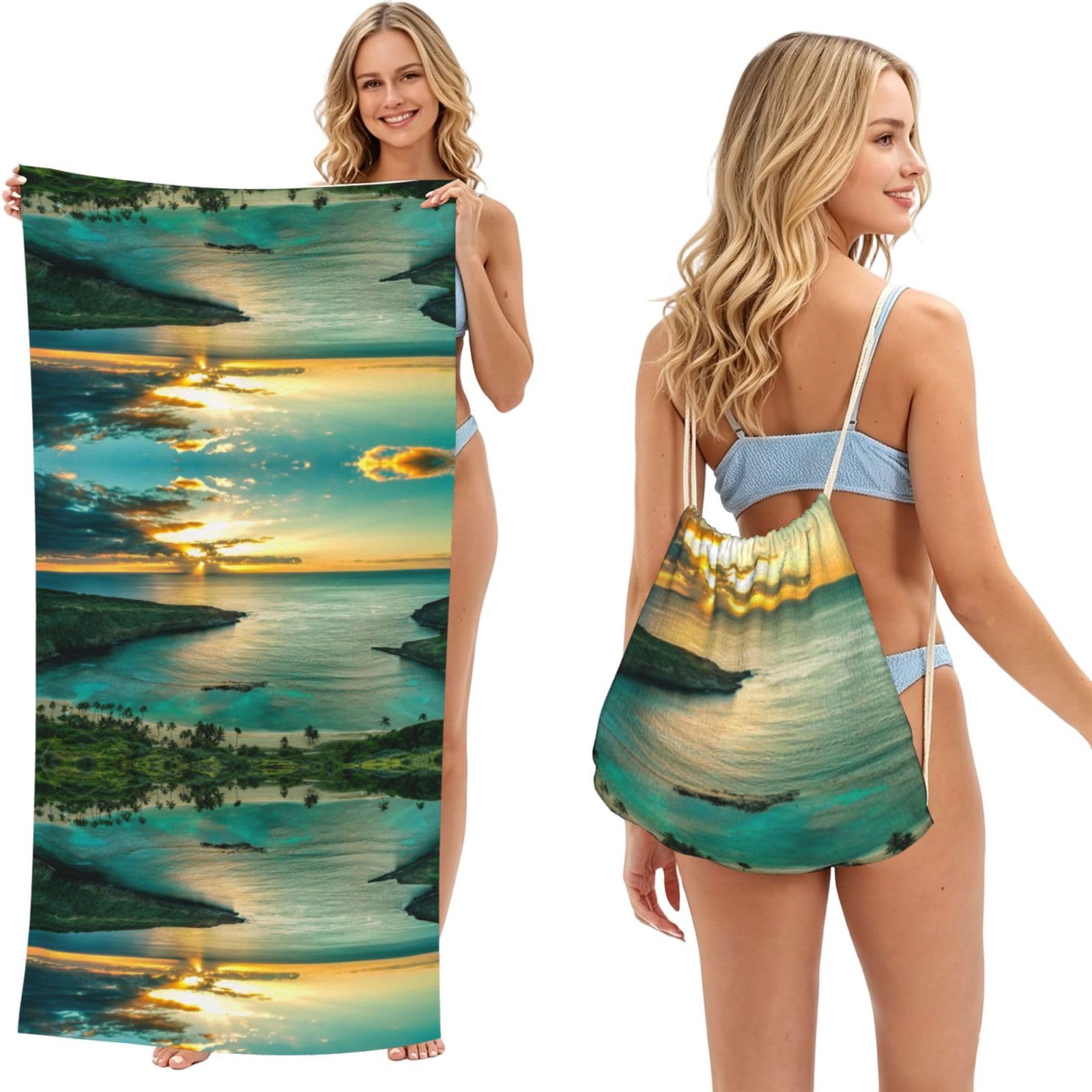 ESNAIUVCD Sunrise Over Hawaii Print Beach Towel For Adults,Towel With Drawstring Bag, Travel Pool Swimming Sports Shower Sand Free Quick Dry Bath Towel For Pool, Beach, Yoga- 180x60cm