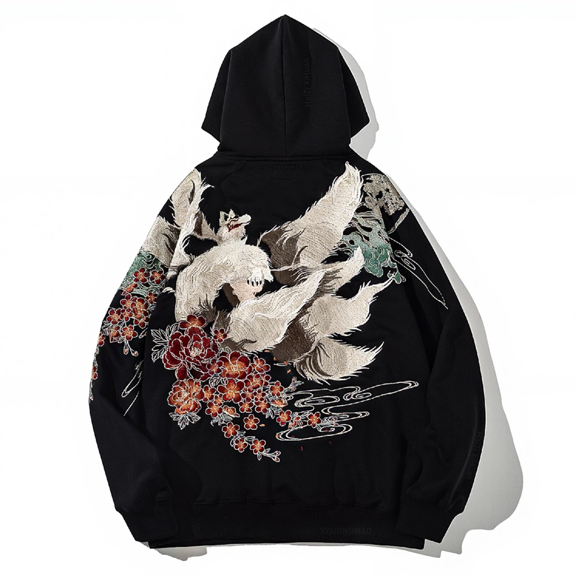 HaiZi XiHuan Mens Nine Tailed Fox Embroidered Hoodie Japanese
