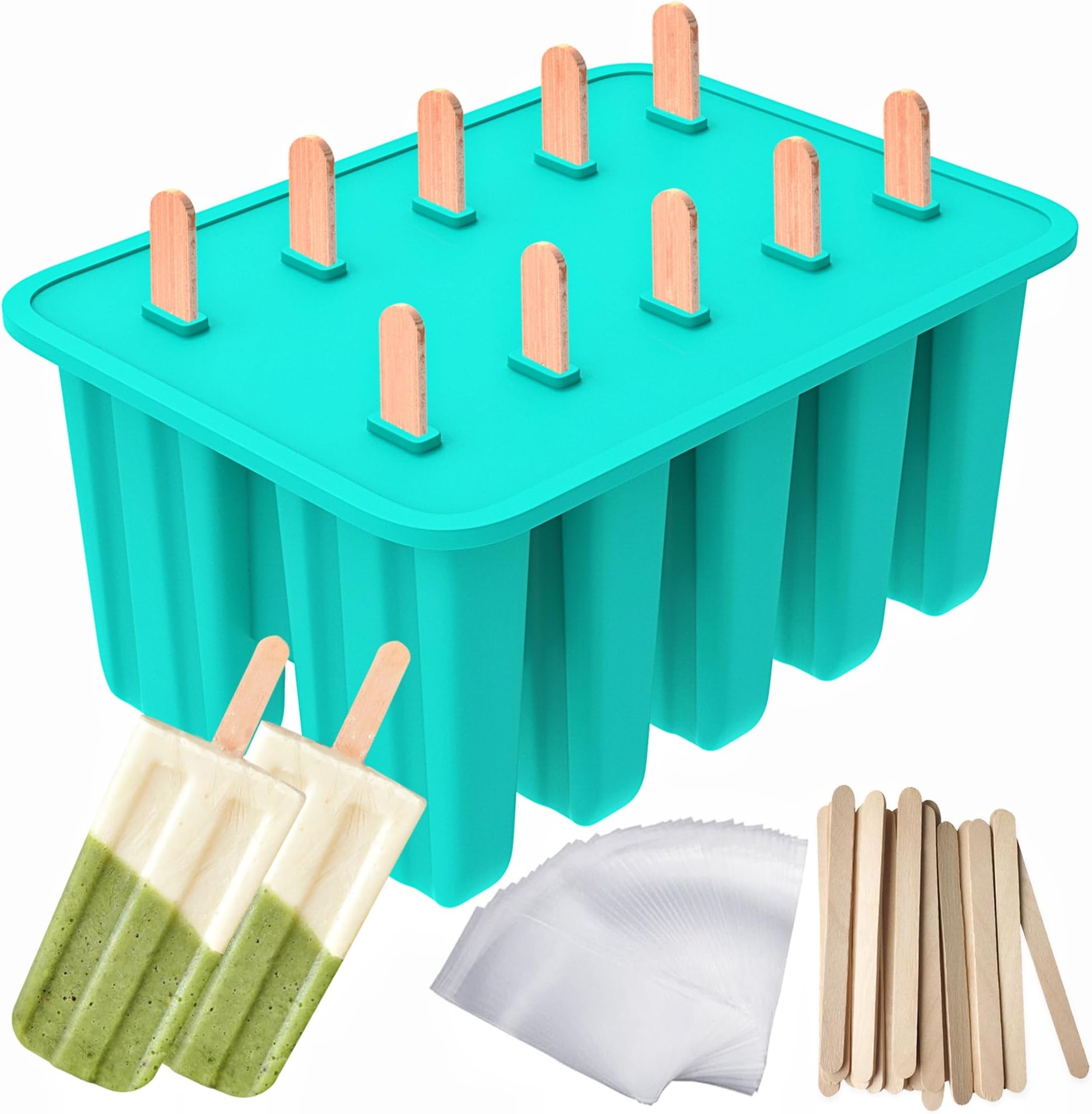 Ozera Popsicles Molds, 10-Cavity Popsicle Maker Molds Silicone Popsicle Molds, Homemade Popcical Molds Ice Pop Molds with 50 Popsicle Sticks, 50 Popsicle Bags