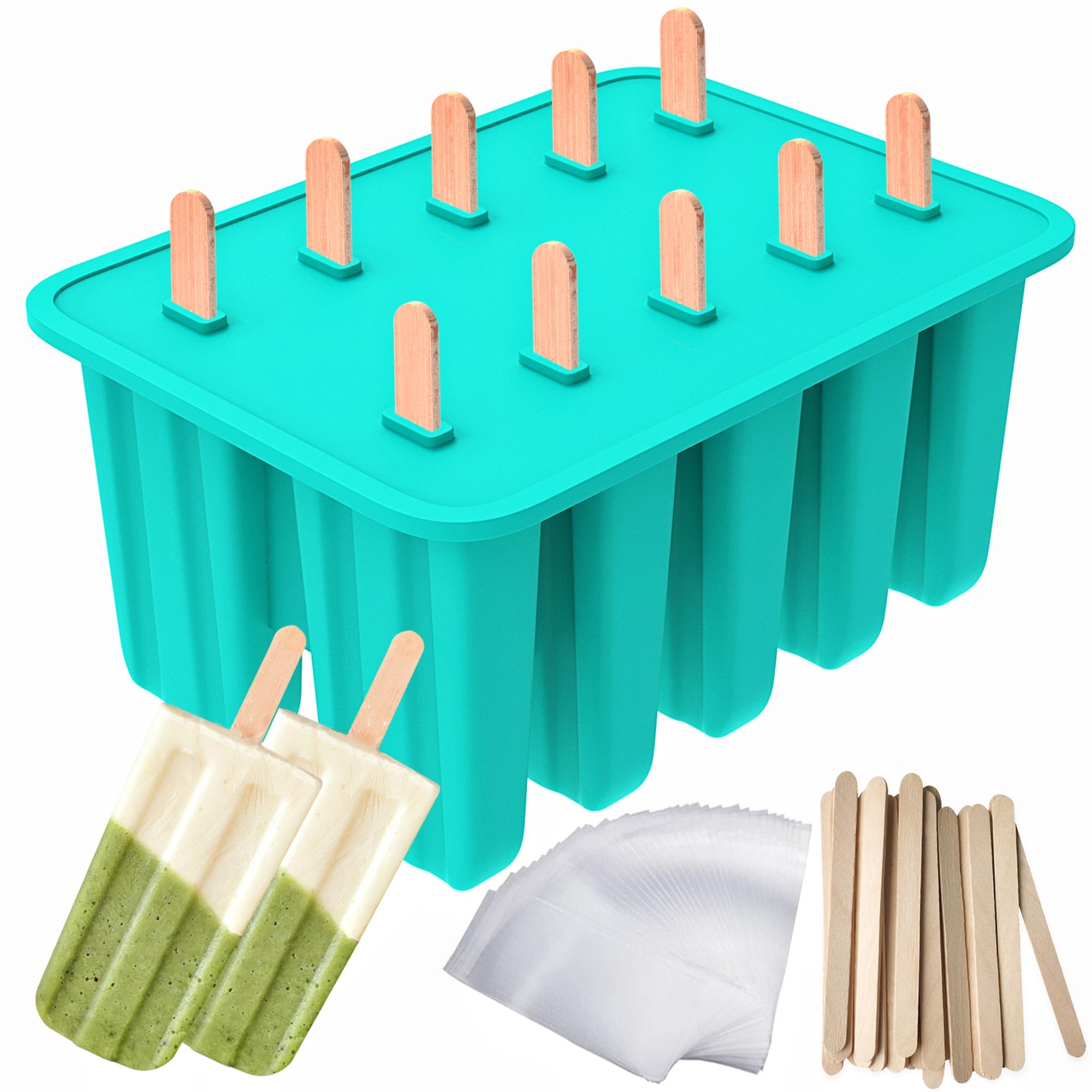 Ozera Popsicles Molds, 10-Cavity Popsicle Maker Molds Silicone Popsicle Molds, Homemade Popcical Molds Ice Pop Molds with 50 Popsicle Sticks, 50 Popsicle Bags