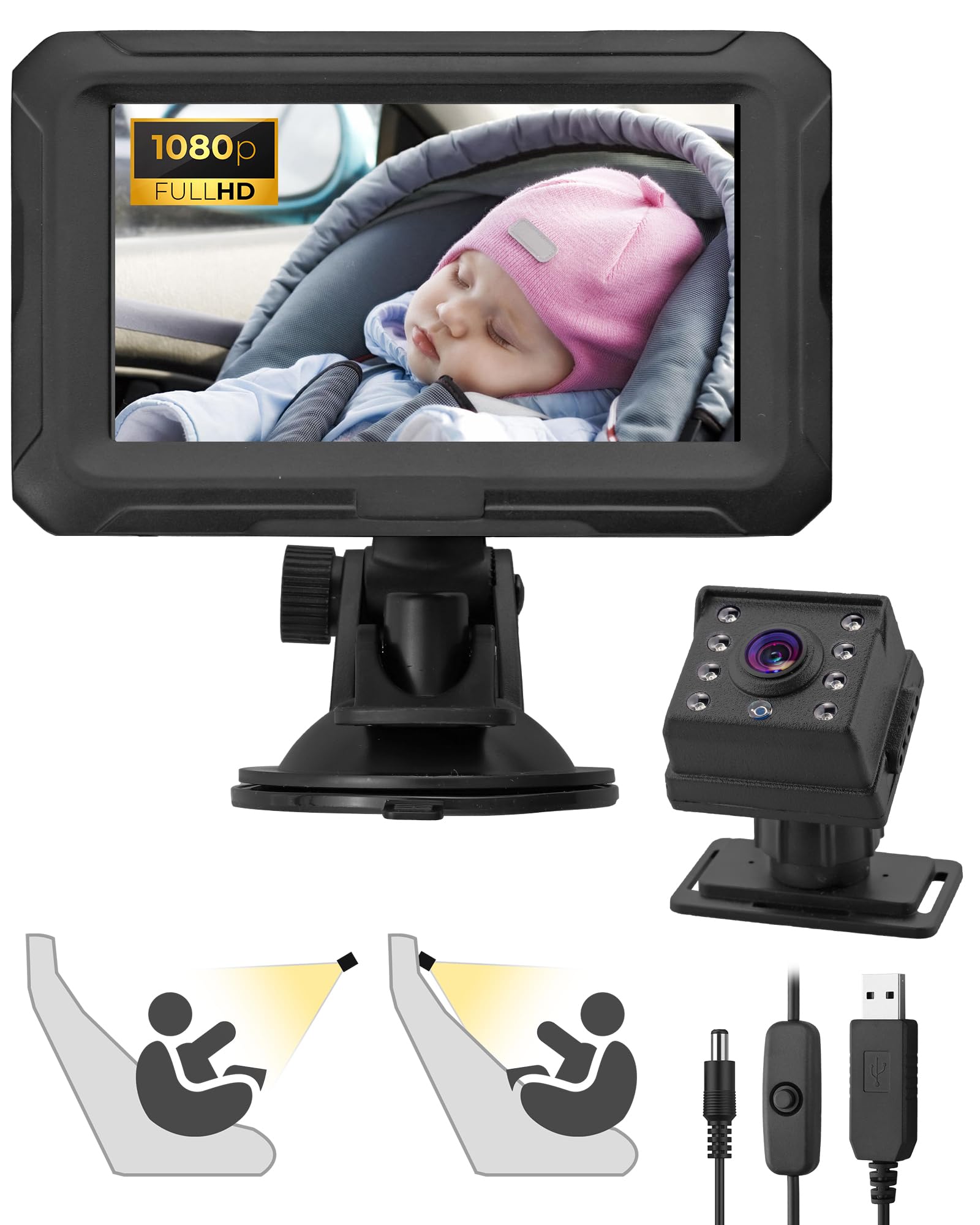 ESynic Baby Car Monitor Con Doppia Telecamera 1080P, Grandangolo 150°, Schermo IPS 7", Visione Notturna IR, Alimentazione Accendisigari