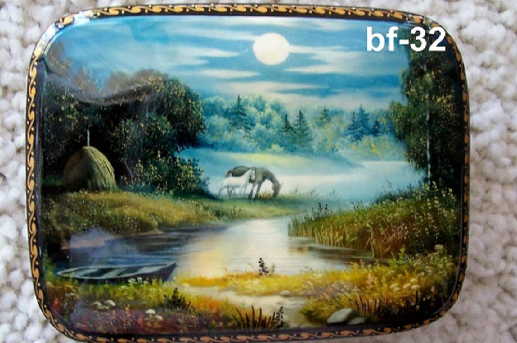 Russian Lacquer Box Landscape Village Horse bf-32