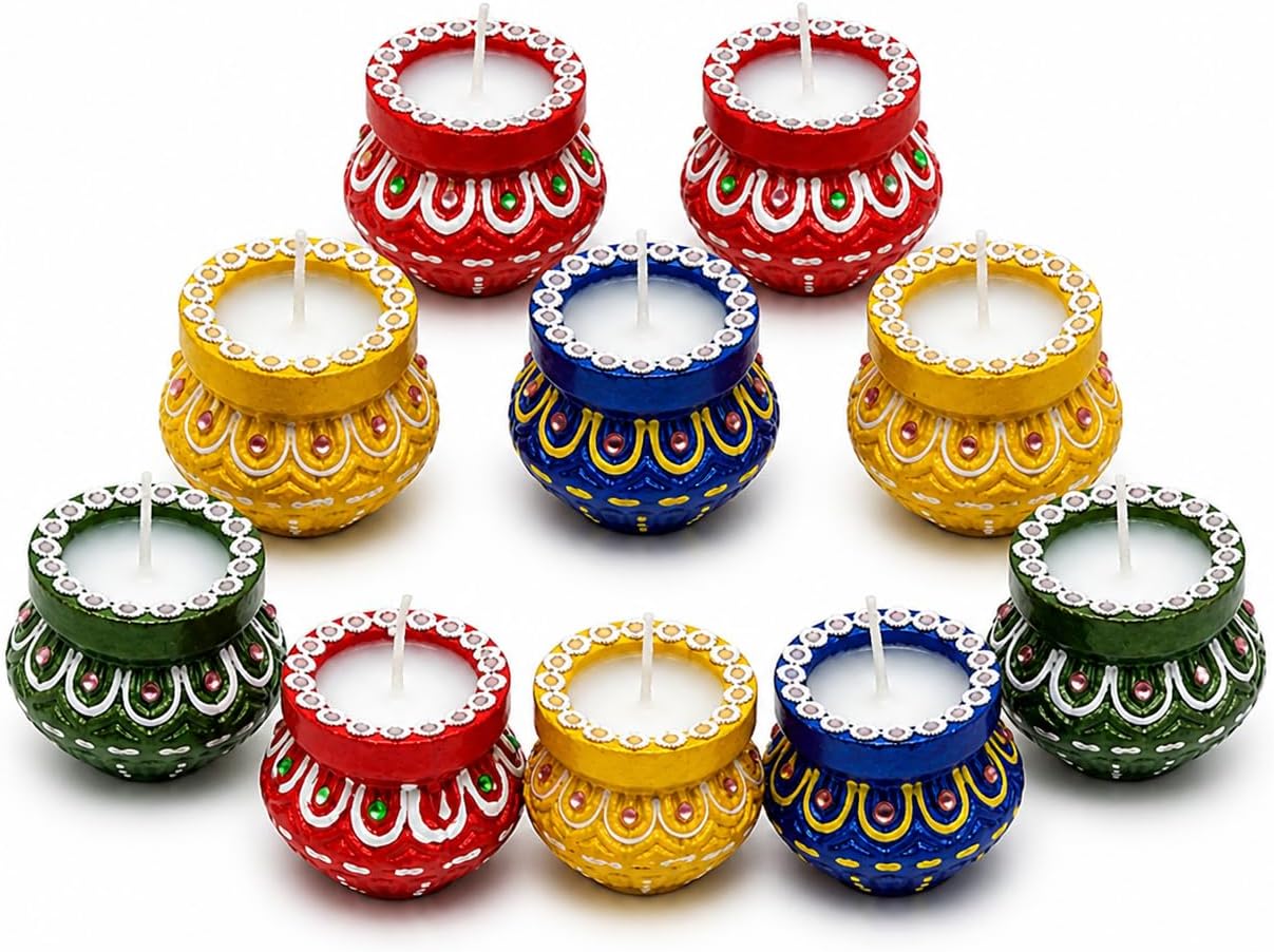 ZIG ZAG Handmade Clay Diya with Wax ( Pack of 10 ) | Multicolor Decorative Oil Lamps for Diwali, Navratri ,Pooja, Temple & Festive Decoration and Gifting ,Matki Pot Shape Tealight ,2inch