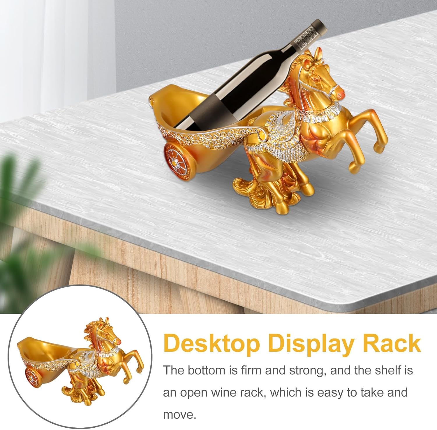 European Style Horse-Drawn Carriage Wine Rack Gold Desktop Bottle Holder Bar Decoration Stable Horizontal Storage for Kitchen Home Restaurant and Wine Cellar