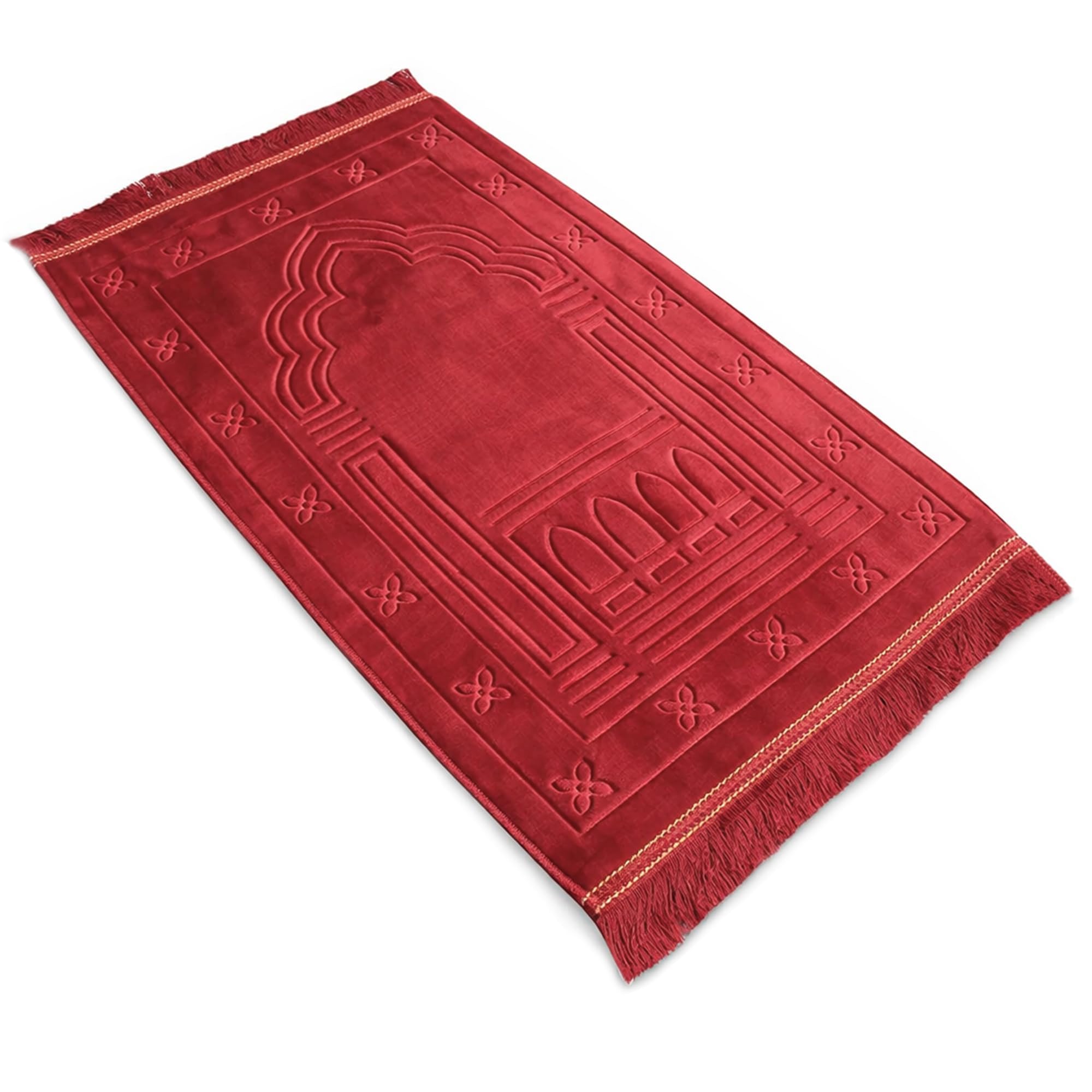 BML 1 x Islamic Prayer Mat Red 2cm Extra Thick Soft Velvet 120 x 80 cm Padded Non Slip Muslim Luxury Mosque Printed Rug for Sajjadah Salah Namaz Travel Prayer Mat Men & Women Ramadan Eid Gift