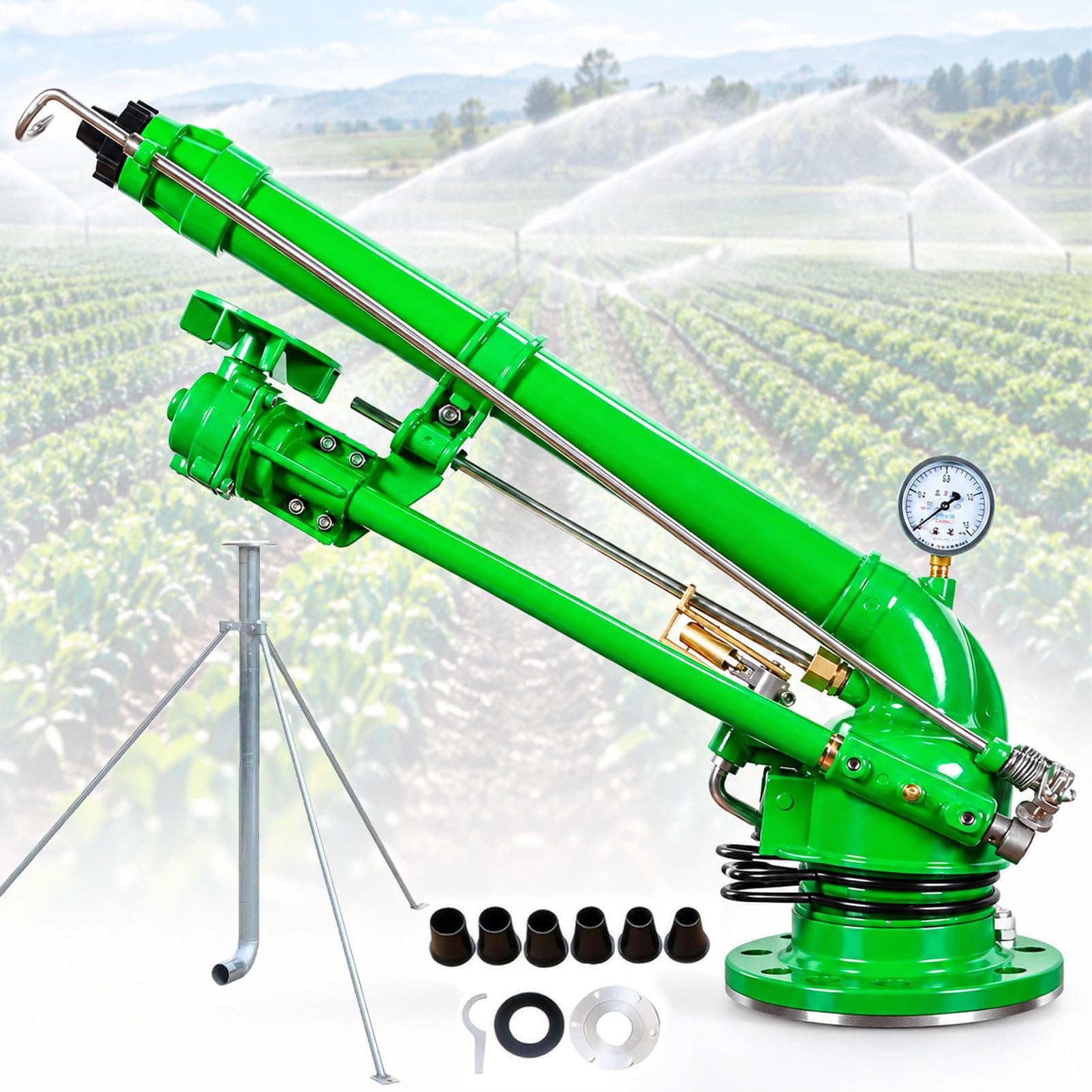Turbinenregner mit Manometer, Impulse Impact Sprinkler für landwirtschaftliche Bewässerung, 360 Grad Sprinkler mit Ersatzdüse und 1,2 m Halterung, ideal für Bauernhof- und Gartenbewässerung. B