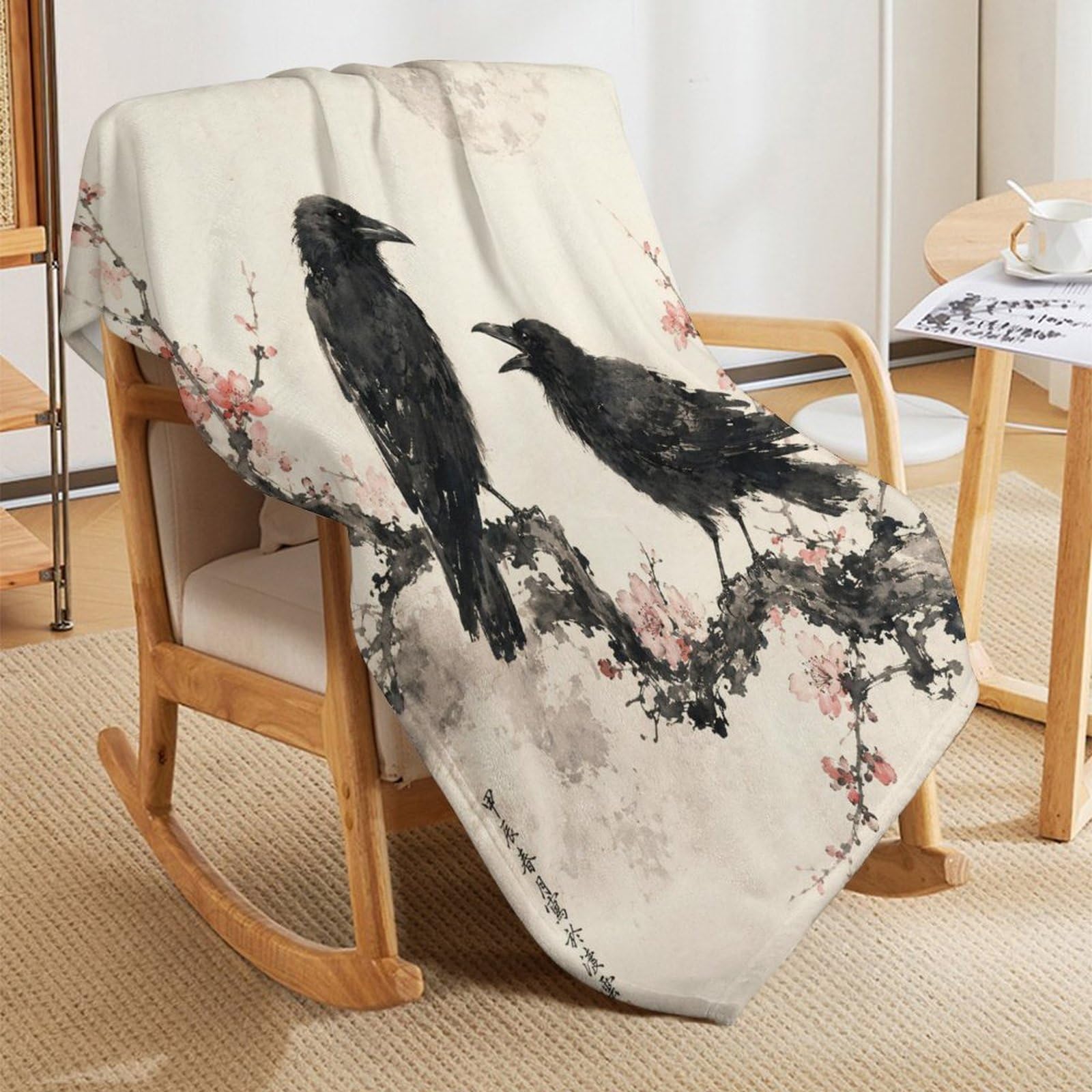 Pareja de cuervos con luna Manta Manta TV Calida Polar Sofa Dormitorio | manta sofa suave con Lavado de tinta y Grabado en madera japonés, para sofa, cama, 175x200cm(70x80in)