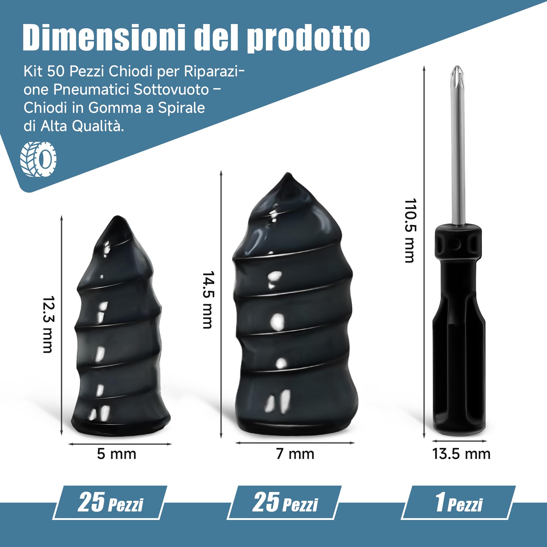 Kit 50 Pezzi Chiodi per Riparazione Pneumatici Sottovuoto – Chiodi in Gomma a Spirale di Alta Qualità con Cacciavite Inclusi, Riparazione Rapida e Sicura per Auto, Moto, Camion e Bici (25S + 25L)