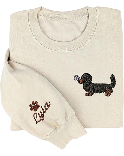 Custom Embroidered Dachshund Sweatshirt with Dog Name on Sleeve, Crewneck Sweatshir...