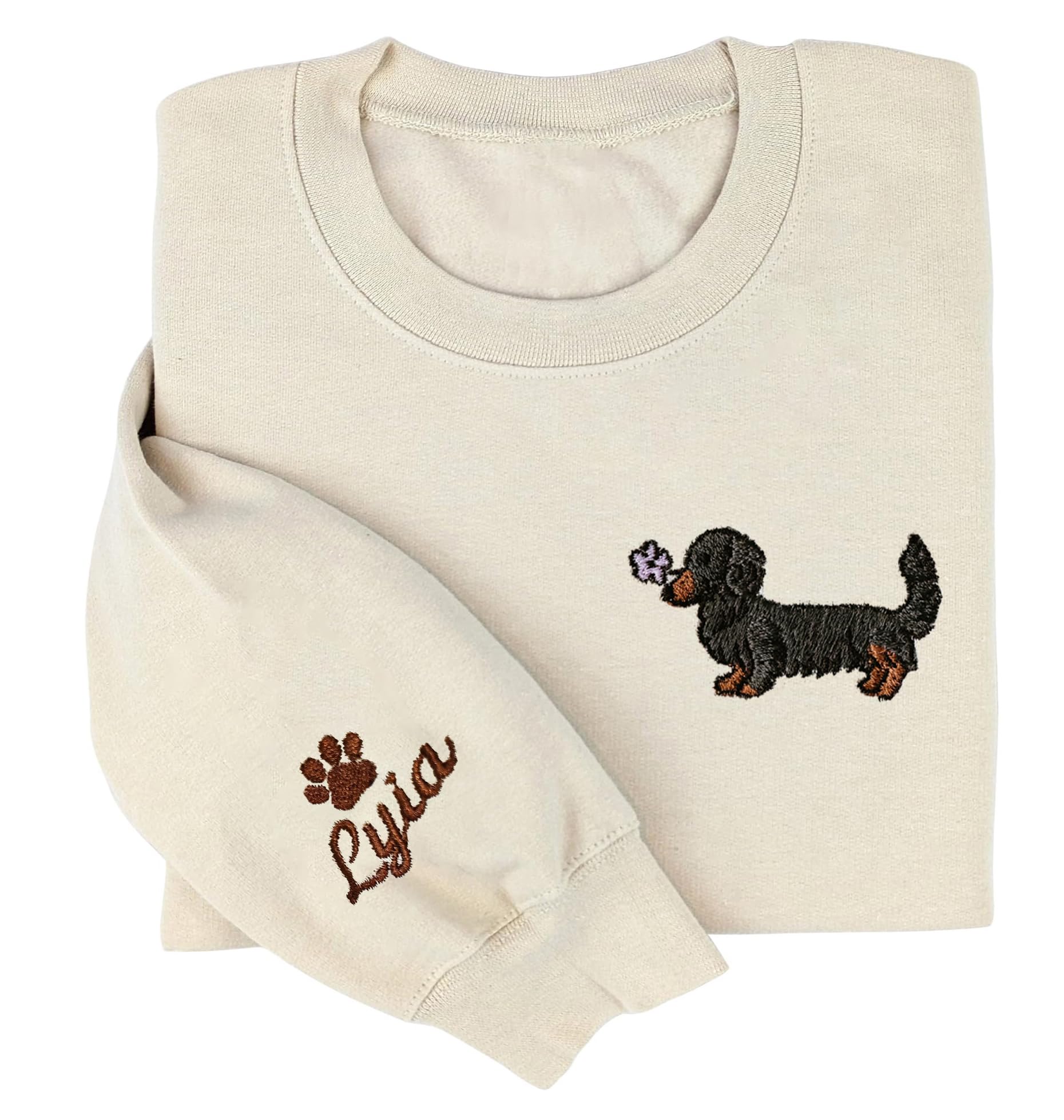 Custom Embroidered Dachshund Sweatshirt with Dog Name on Sleeve Crewneck Sweatshirt Wiener Dog Gift Dachshunds Sweater for Women