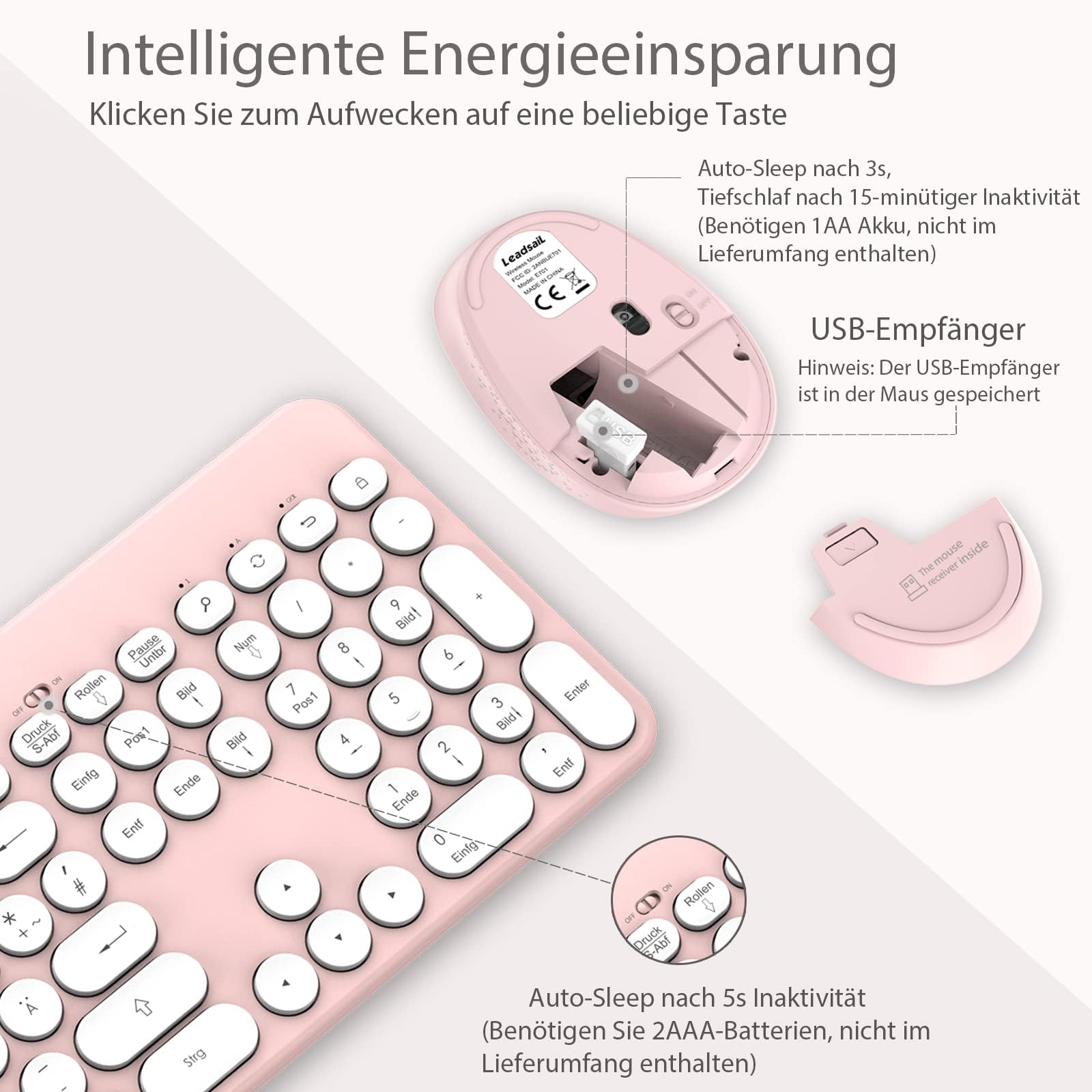 LeadsaiL Ensemble Clavier Souris Sans Fil Ergonomique QWERTZ – Silencieux, Longue Autonomie, Mac & PC