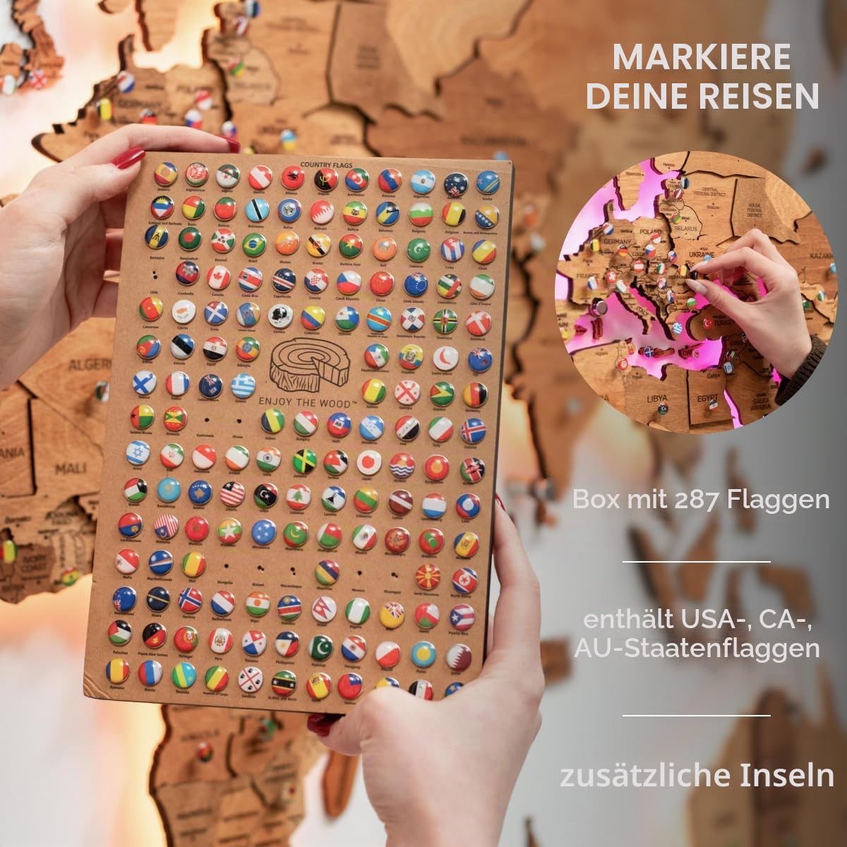 Enjoy The Wood 3D Holz Weltkarte mit LED 3.0 - Moderne dekorative Wandkunst für Zuhause - LED Beleuchtung Geschenke für Wohnkultur (Oak)