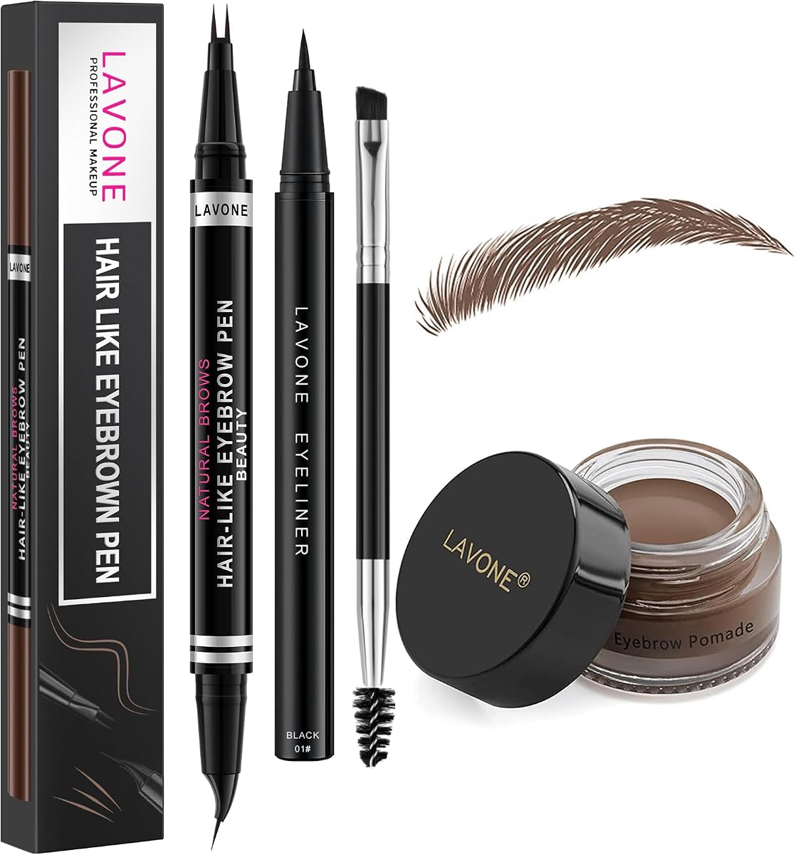 Kit de Bolígrafo de Cejas Impermeable, Delineador y Cepillo de Pomada, Marrón Oscuro
