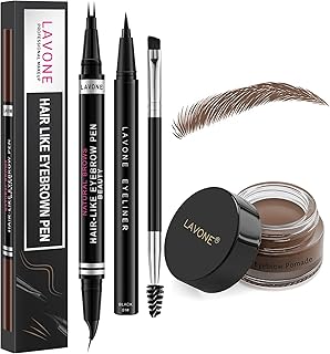 LAVONE Hair-Like Eyebrow Pen Makeup kit, Eyebrow Pencils for Women with Waterproof Microblading Eyebrow Pencil, Eyebrow Pomade, Eyeliner and Eyebrow Brush, Create Full, Natural Brows, Dark Brown
