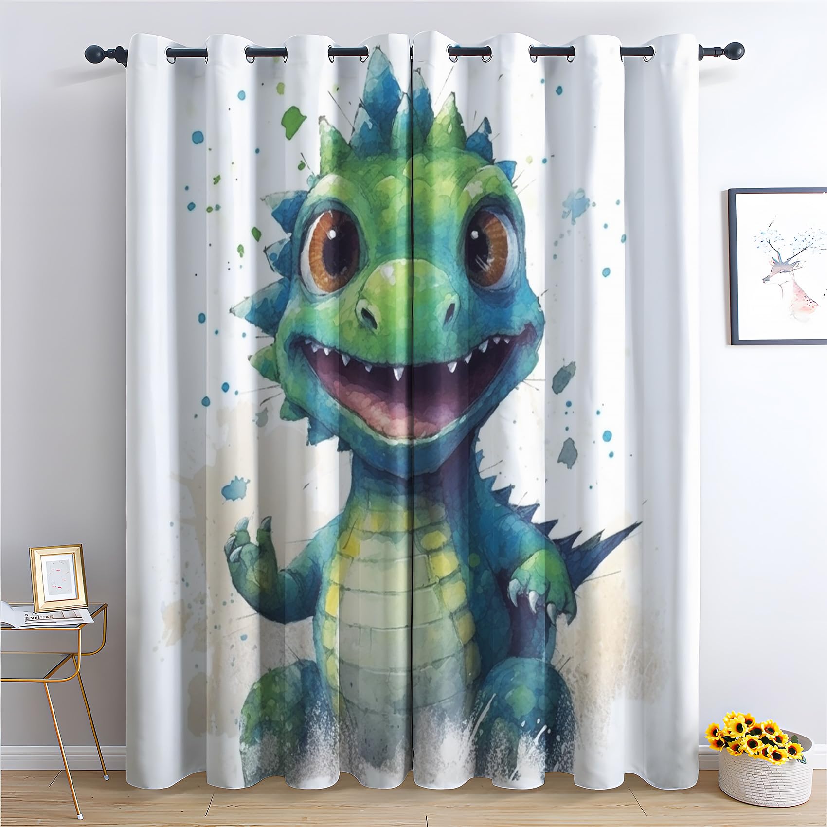Rideau Occultant Enfants Dinosaures, Garçons Enfants Motif Rideaux Thermiques à Oeillets, Rideaux Imprimé pour Salon Chambre Fenetre Moderne Décoration, 117x137 cm (L x H), Lot de 2