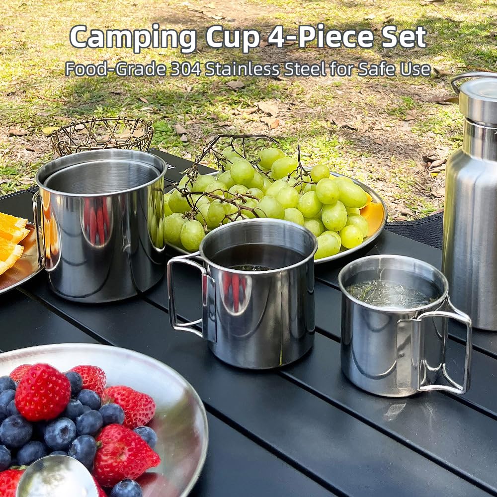 Juego de 4 Tazas Plegables de Acero Inoxidable con Asas, Ideales para Camping, picnics, Senderismo, Pesca y Viajes.