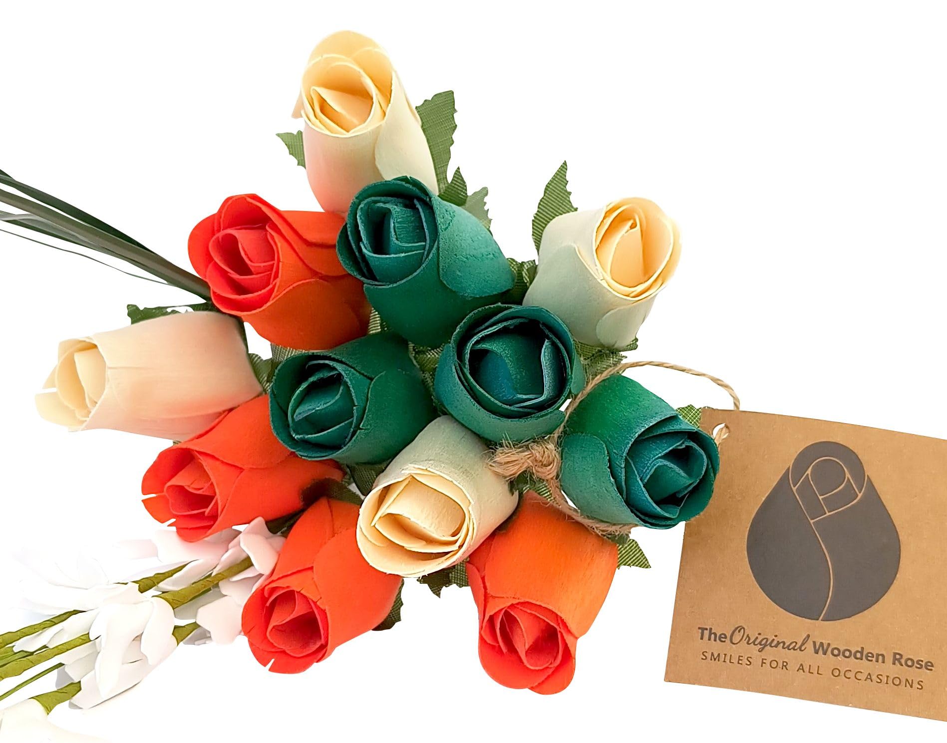 The Original Wooden Rose Irish Flag Saint Patty Day Green, Orange and White Wooden Rose Bouquet Closed Bud Roses (1 Dozen)