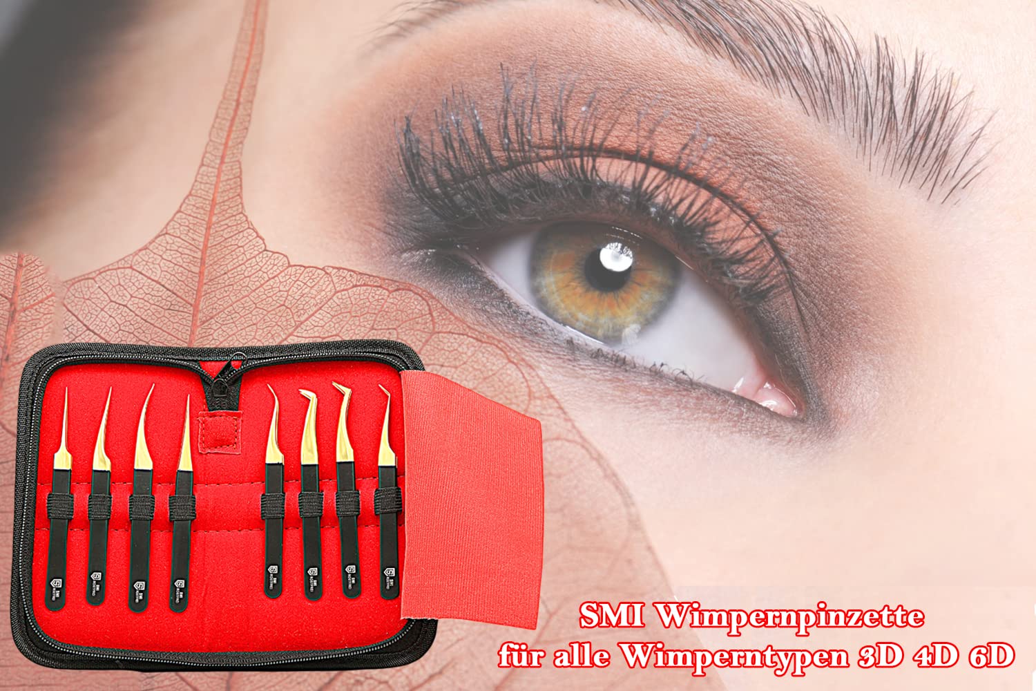 SMI 8 Pinzetta Extension Ciglia punta in fibra NERO E ORO, Pinzette Diritto e Curvo Tip Pinza, Ciglia finte, Professionale Pinzette in Acciaio Inox, Kit Pinzetta per Ciglia, con Custodia da viaggio