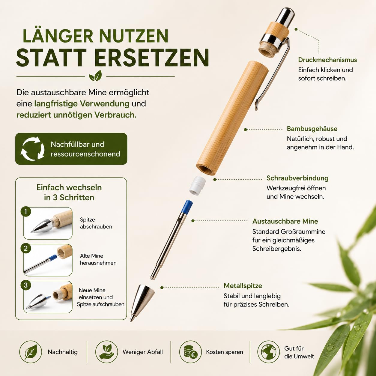 WPRO Bambus Kugelschreiber 250 Stück Set mit Druckmechanismus und blauer Mine, Bambusholz Schreibstift mit Metallclip, nachfüllbar für Büro Empfang Messe Line