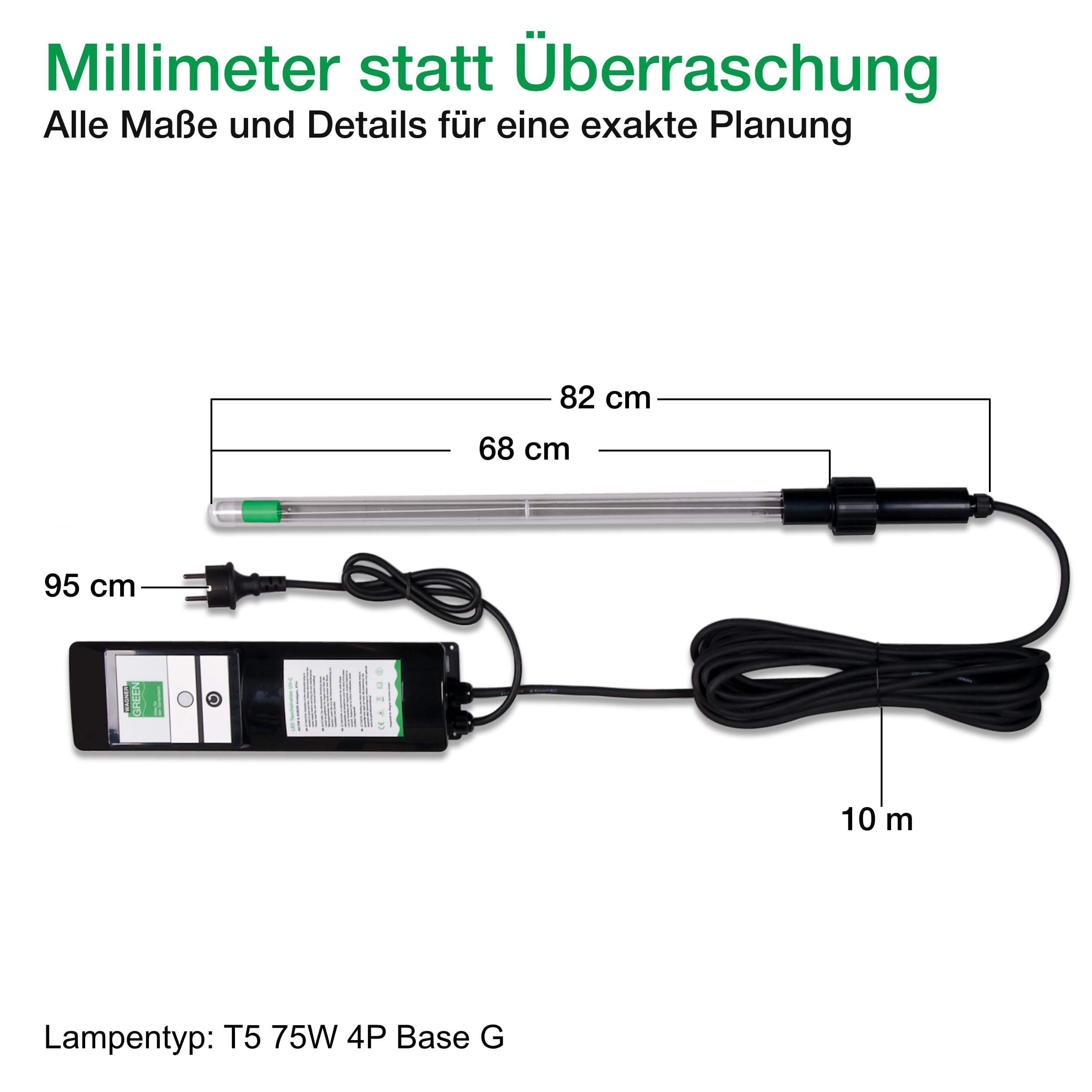 Wagner Green UVC Tauchstrahler (75 Watt) 3-tgl. Bausatz mit Betriebsstundenzähler, UV-C Teichklärer Lampe Gartenteich Koiteich Filter zur Entkeimung und Algenvernichter