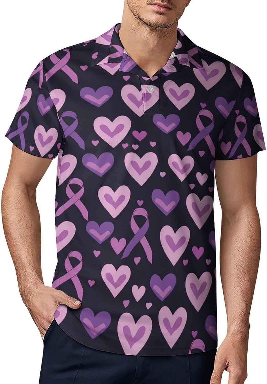 Purple Cancer Ribbons Heart Novelty Men's Short Sleeve Shirt Golf Tennis Shirts Work T-Shirt Sport Tee