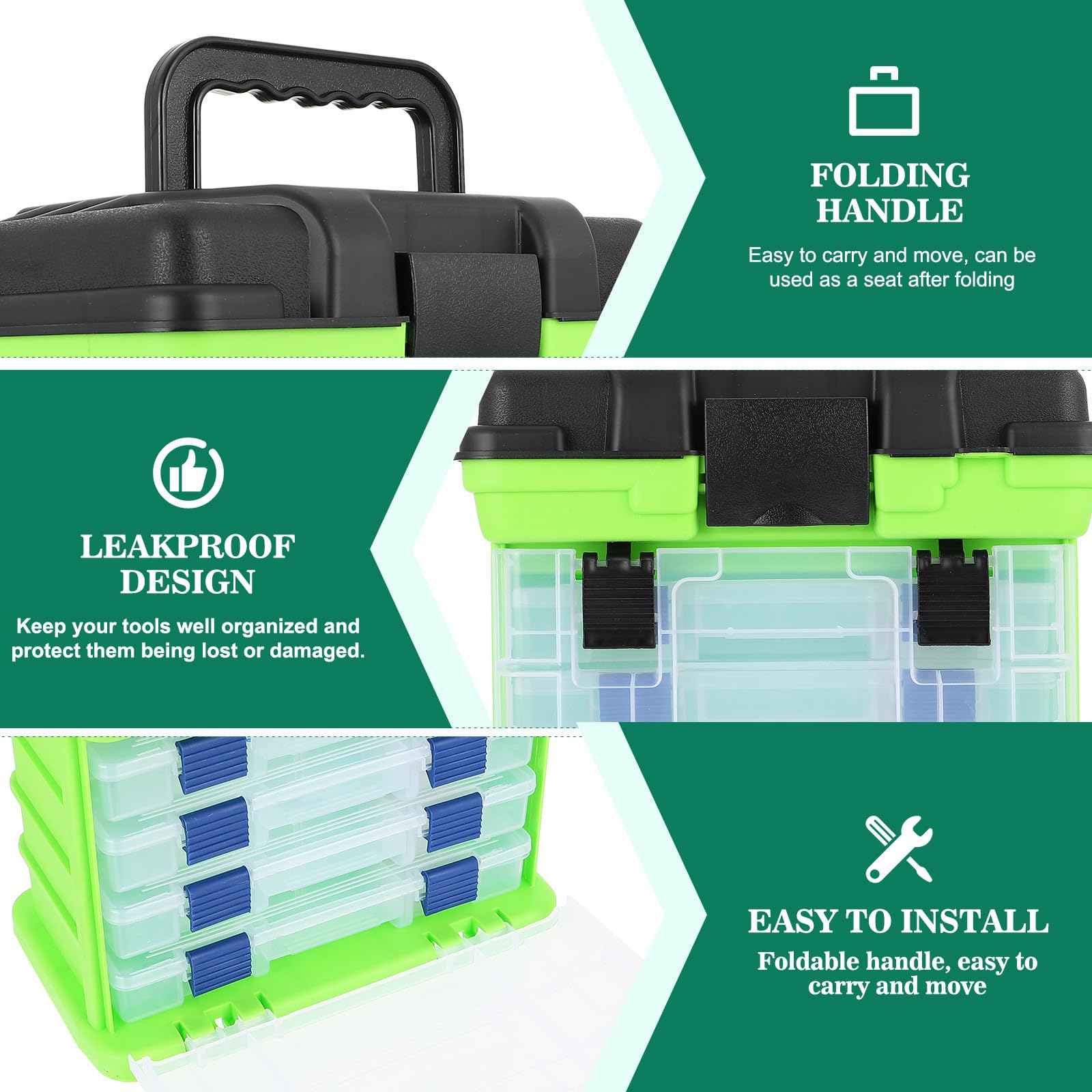 Caja de Aparejos de Pesca Grande, Portátil, de Plástico, Verde | Asa Plegable, Uso en Pesca Mar, Organiza Herramientas y Objetos Pequeños, Soporte de Carga Fuerte