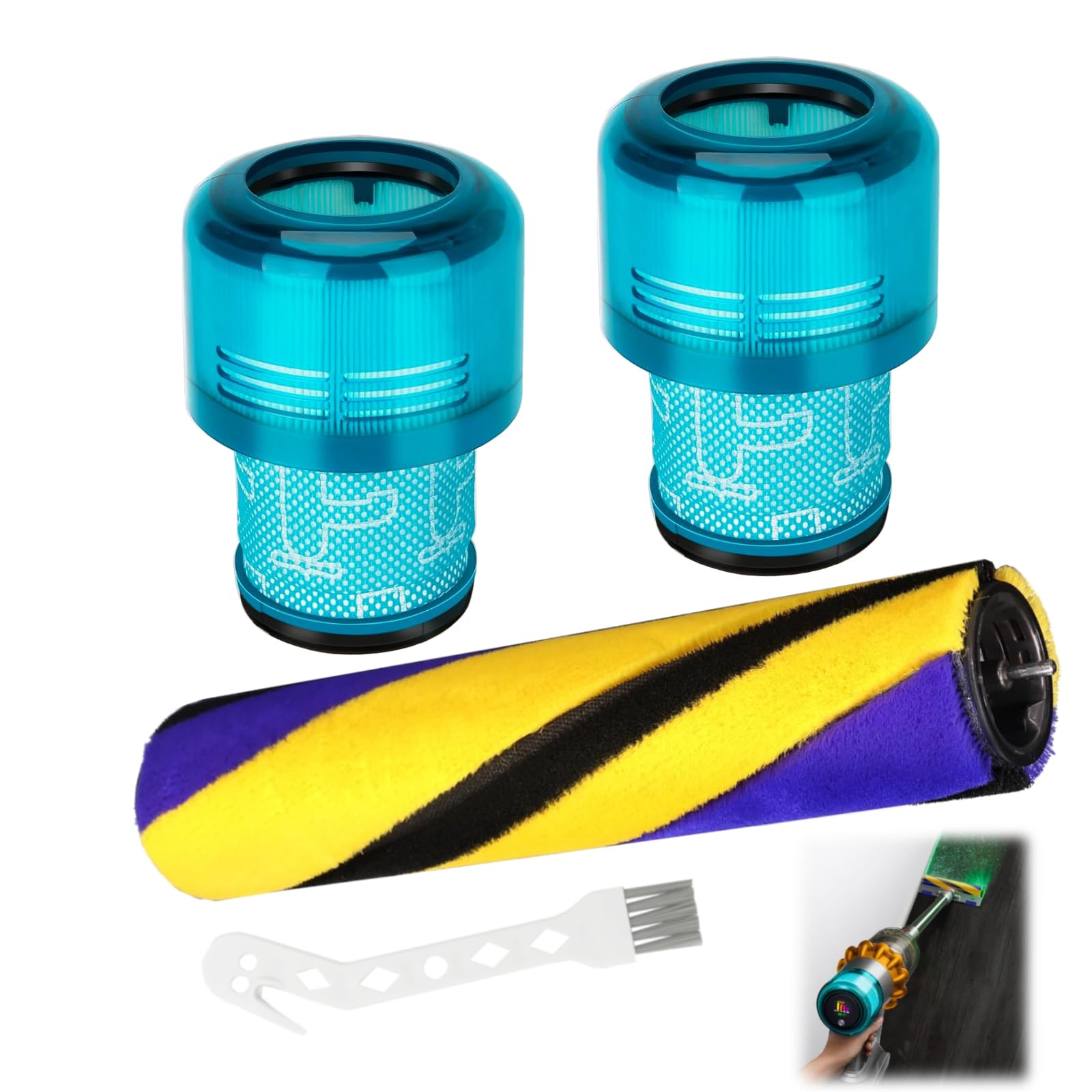 4 piezas para compatible filtros Dyson V15, filtro HEPA para aspiradora compatible Dyson V15 Detect Slim Series, V15 Accesorios Set con 2 filtros de repuesto, 1 cepillo de rodillo, 1 cepillo