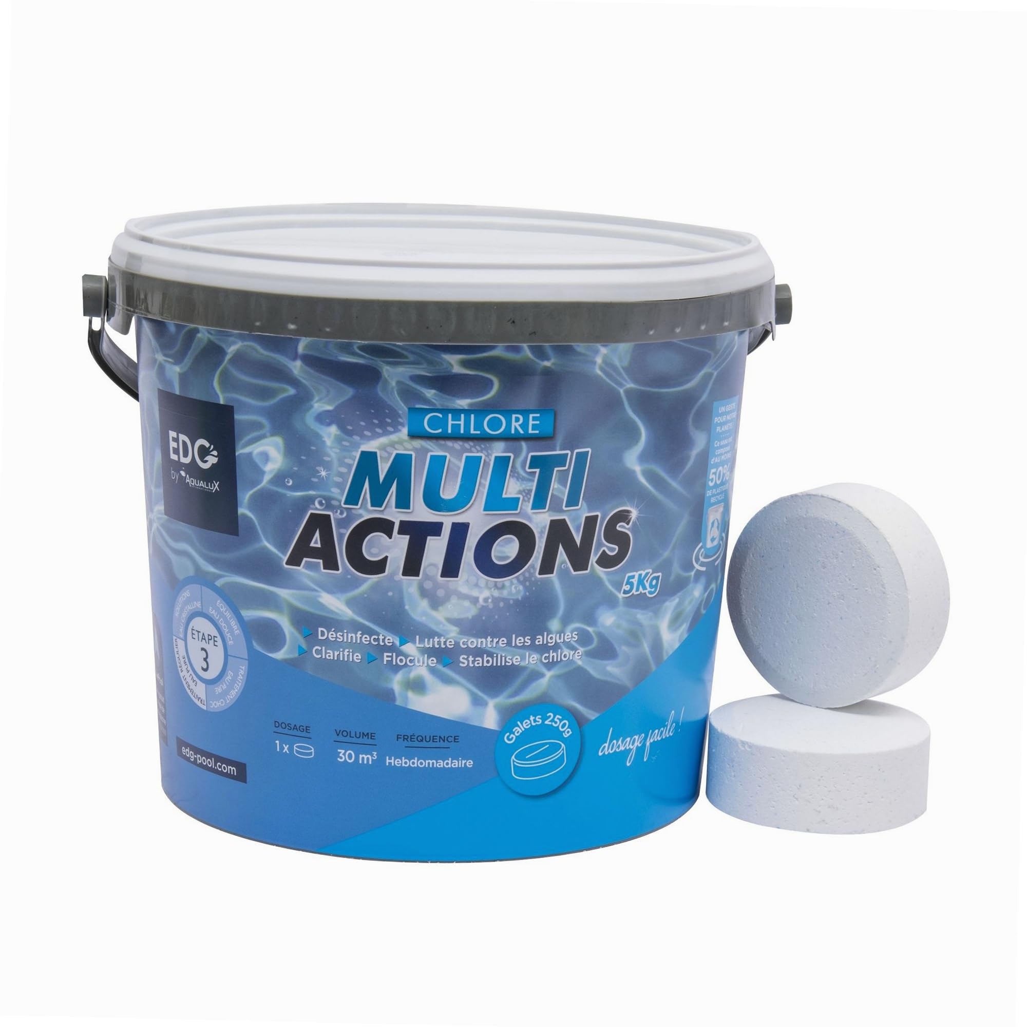 0 14848 Chlore Multi Actions, Galets 250gr, Seau de 5KG, EDG, Non comburant-AQUALUX-106622, Blanc