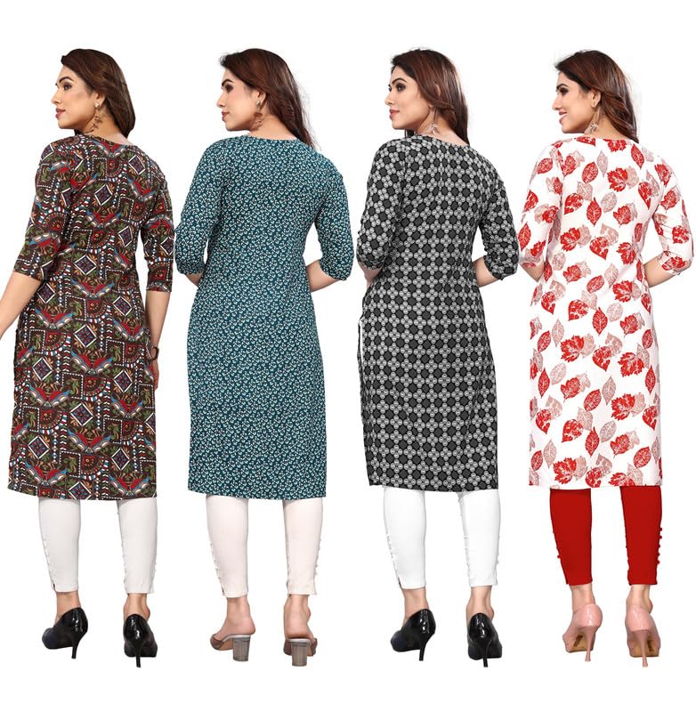 Image of JAKHANA Women's Crepe Printed Casual Straight Calf Length Round Nick Kurta Pack of 4