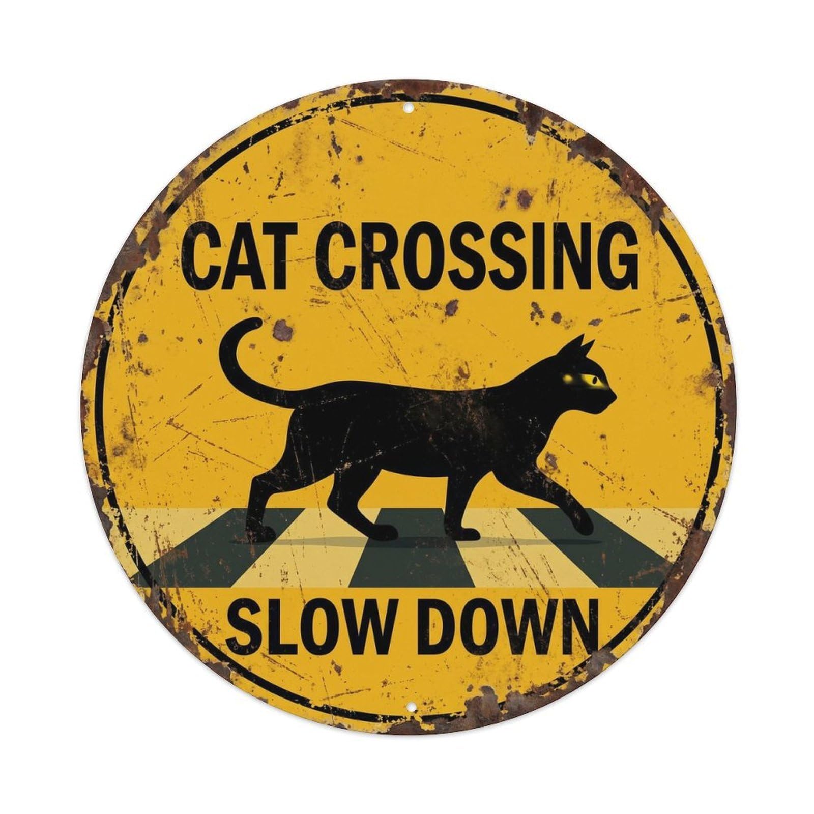 Cat Crossing Slow Down Vintage Metal Tin Sign