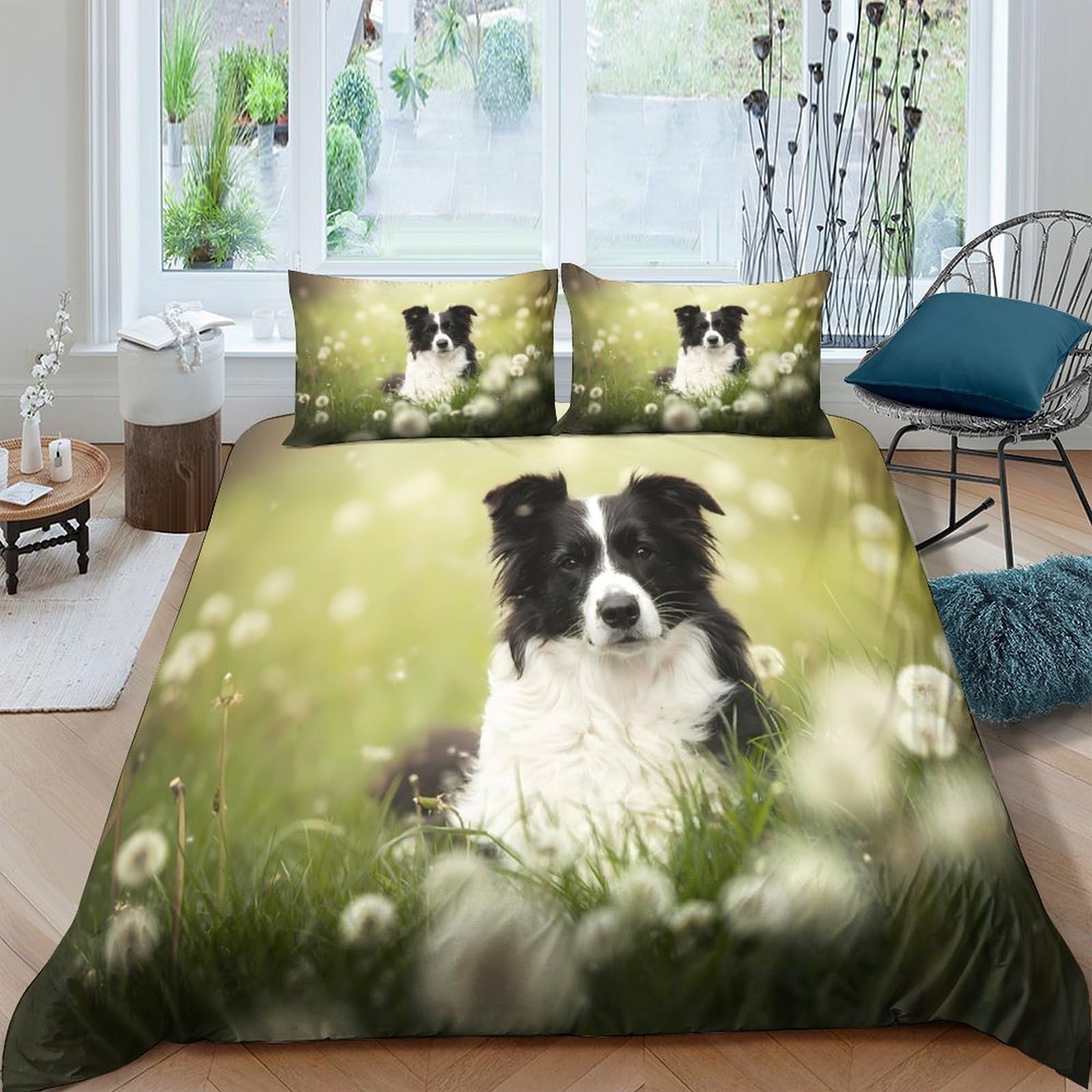Ctjqhvkz Style-1 3D Printed Border Collie Dog Fitted Sheet Microfiber Green Meadow Bed Cover Anti-Slip Machine Washable For Bedroom Guest Room Single（135X200cm）