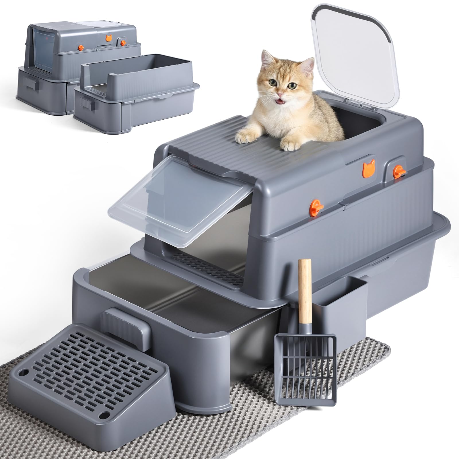 Stainless Steel Enclosed Cat Litter Box with Lid and Mat, Extra Large Kitty Litter Box with Drawer, Front & Top Entry Metal Cat Box for Big Cats, Odor Control, Easy to Clean, Grey