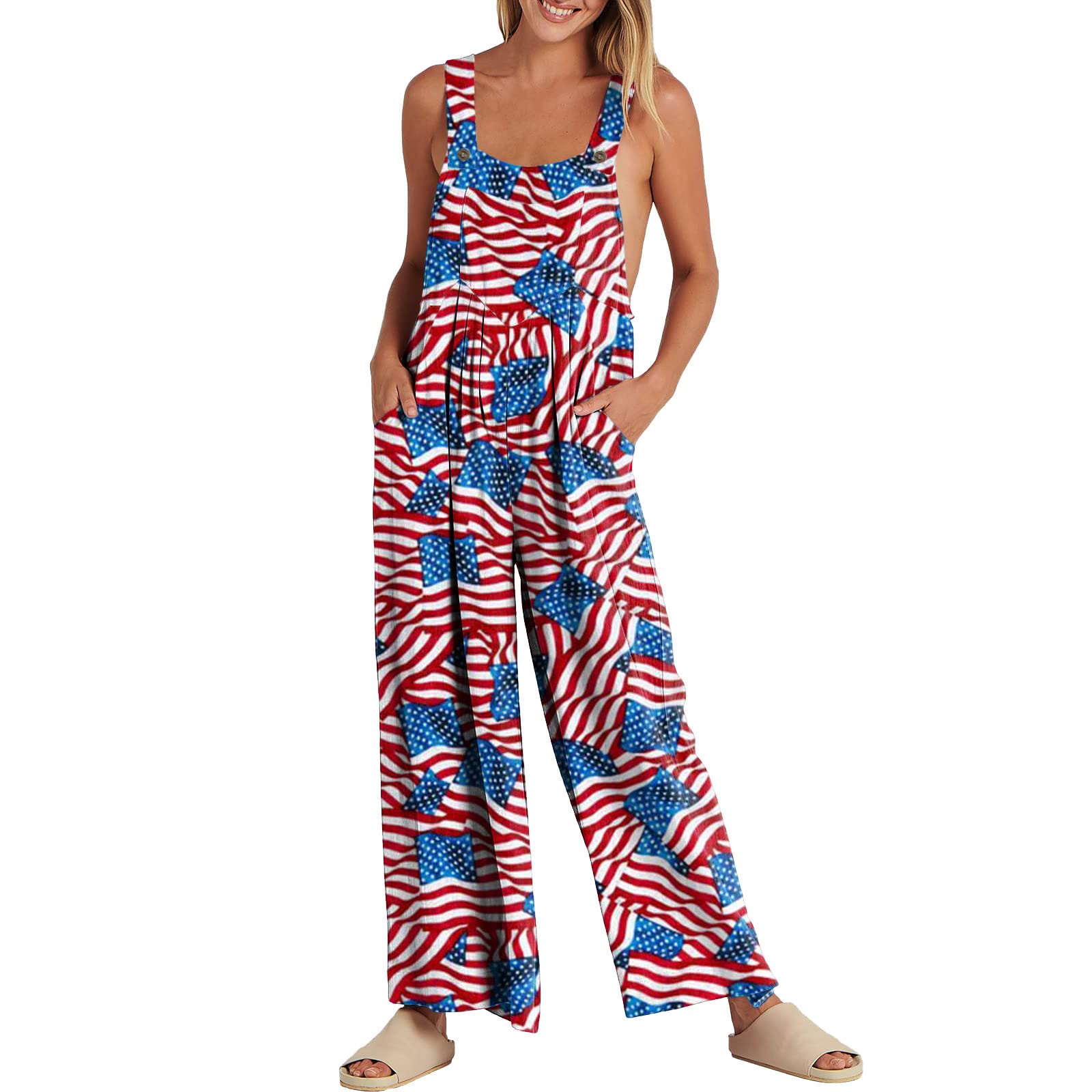 LFKERWMGBib Overalls Womens Summer Wide Leg Loose Overall Jumpsuits Baggy Casual Sleeveless Pockets Rompers