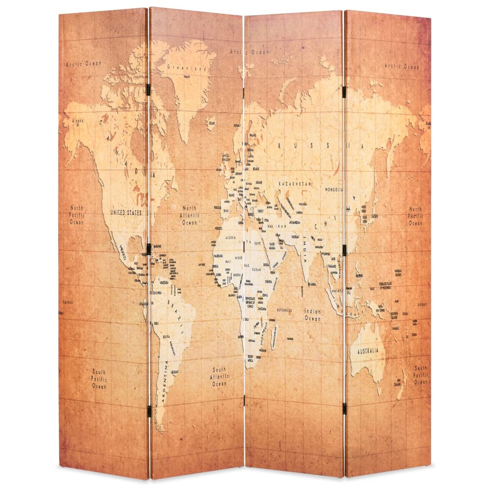 Paravent carte du monde jaune 160x170 cm en toile et bois