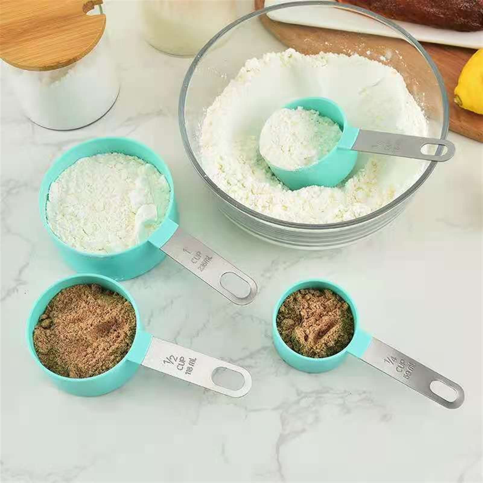 4/10 szt. Kuchenne miarki Cup Cake Pieczenie mąki Miarki PP Pieczenie Plastikowy uchwyt ze stali nierdzewnej Gadżety kuchenne (kolor: 10 szt. Zielony) (10 szt. Zielony)