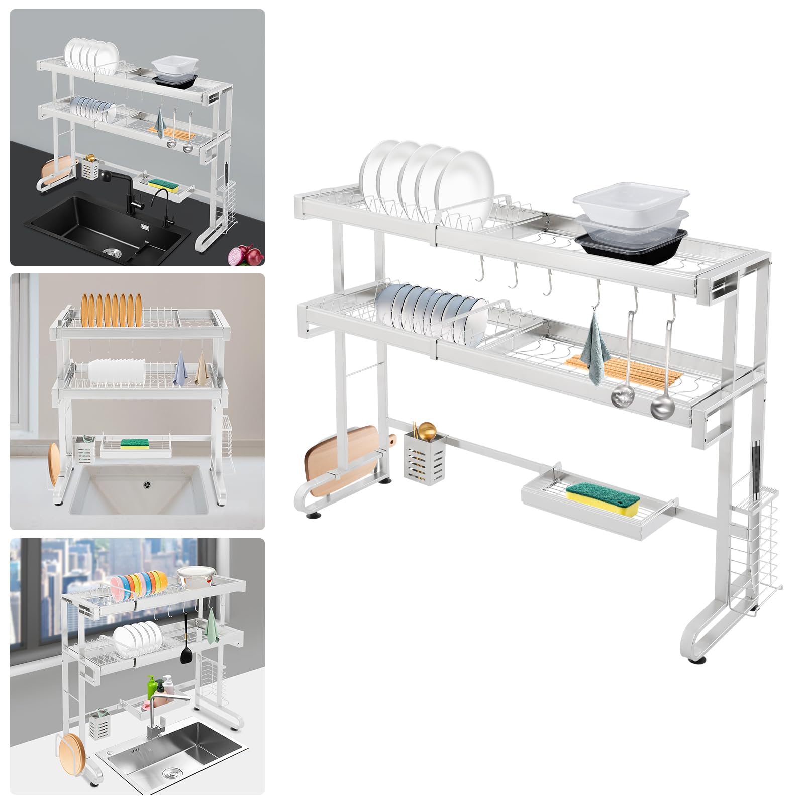 Escurreplatos de 29 x 78 cm, 2 niveles sobre el fregadero, escurridor de platos de acero inoxidable, organizador extensible sobre el fregadero de la cocina para guardar especias