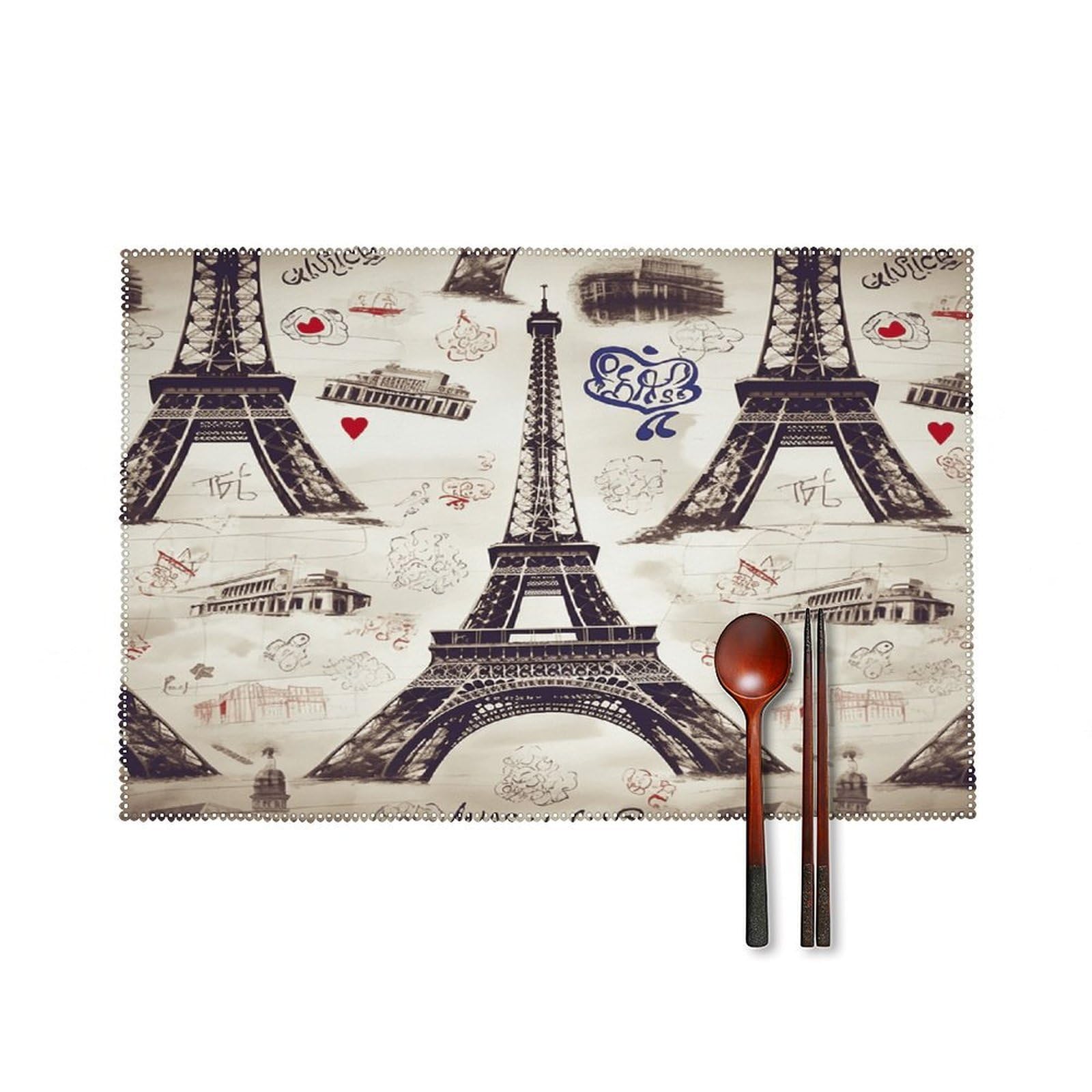French Paris Tour Eiffel Tower Placemats Washable Canvas Place Mats Decoration Placemat for Dining Table Easy to Clean Tables Mat Set of 6 for Kitchen Dining Room Coffee Table