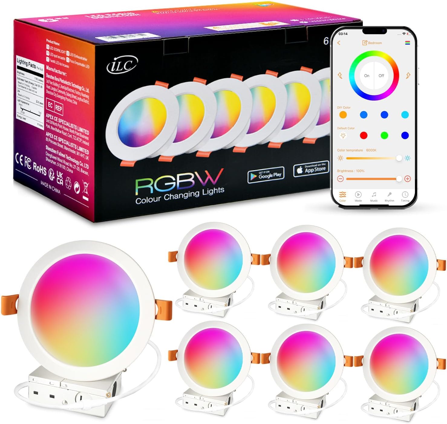 ILC 6 inch led recessed Light, Work with Alexa (Hub Required), App Controlled, RGB Color Changing, 16 Million Colors, CCT: 2700K-6000K, 14W, 120W Equivatlent, 1400LM, CRI 90, Bluetooth Mesh, 6 Packs