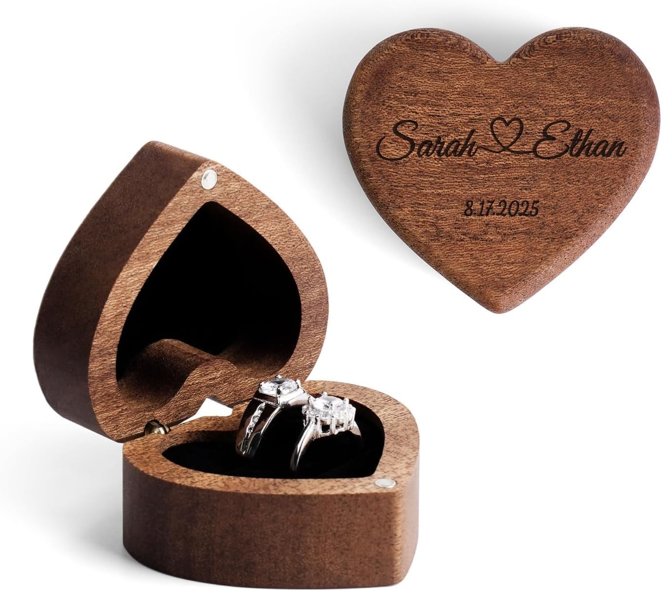 Custom Engraved Wooden Ring Box, Personalized Wood Double Ring Holder with Magnetic Closure for Wedding Engagement Proposal Anniversary, 3 Styles Optional. (Heart)